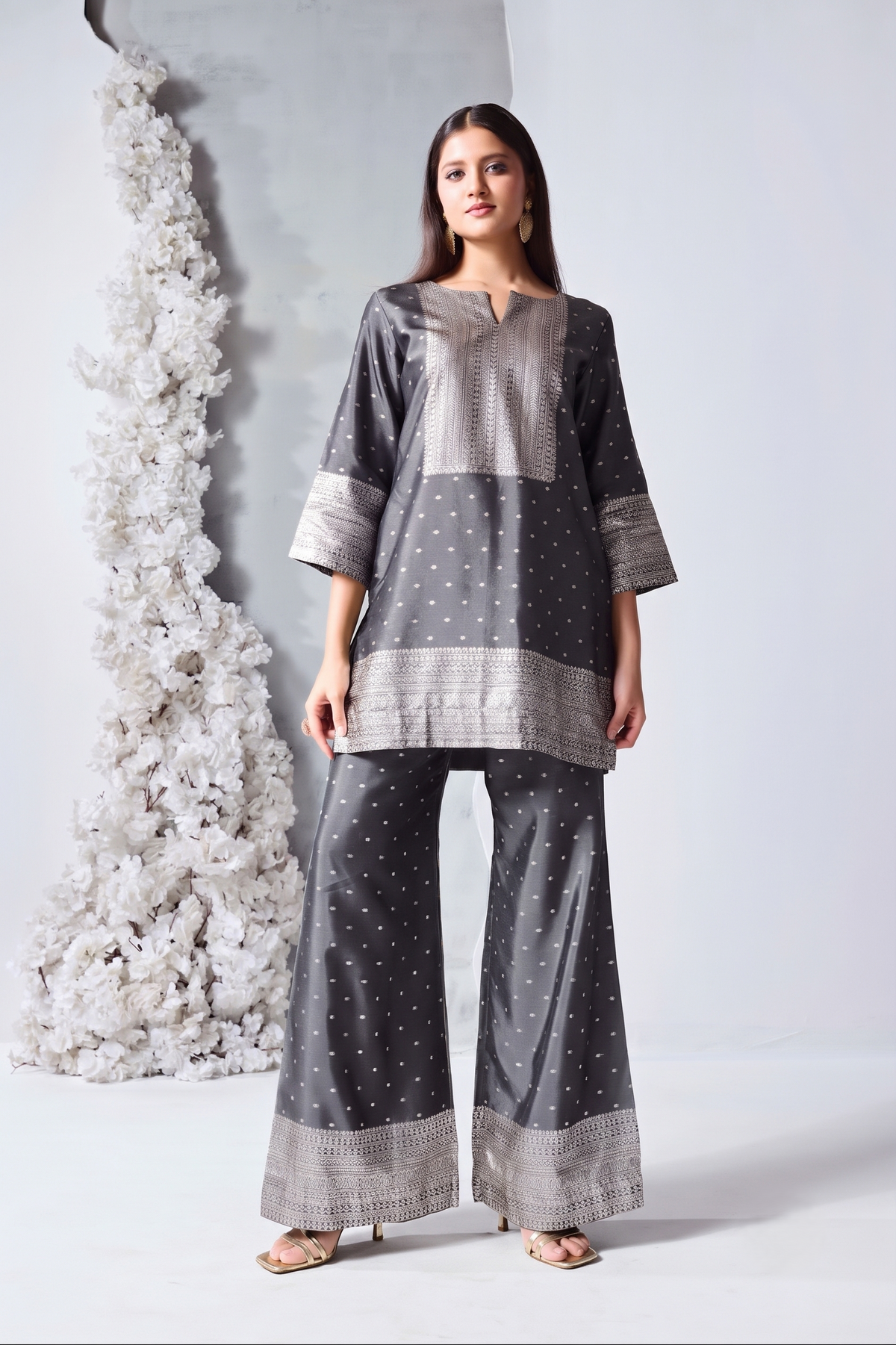 Ash Grey Embellished Viscose Silk Co-Ord Set