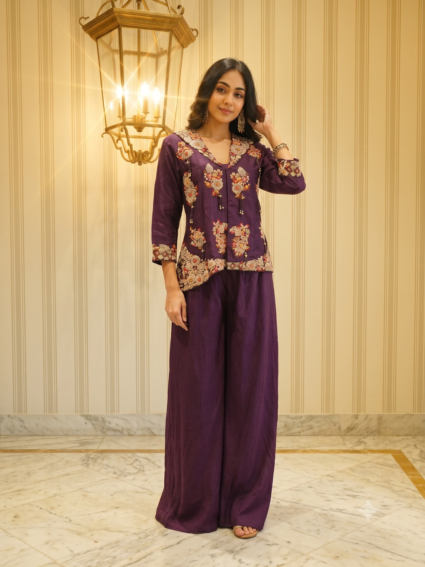Deep Aubergine Embroidered Raw Silk Sharara Set