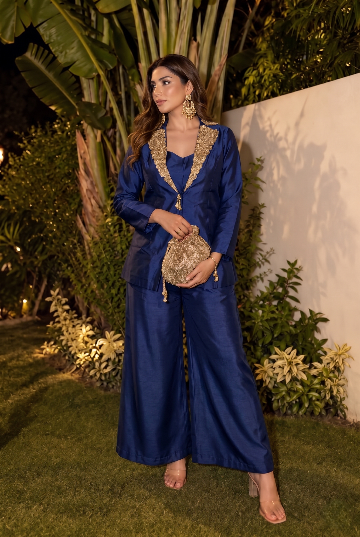 Navy Blue Embellished Dola Silk Palazzo Set