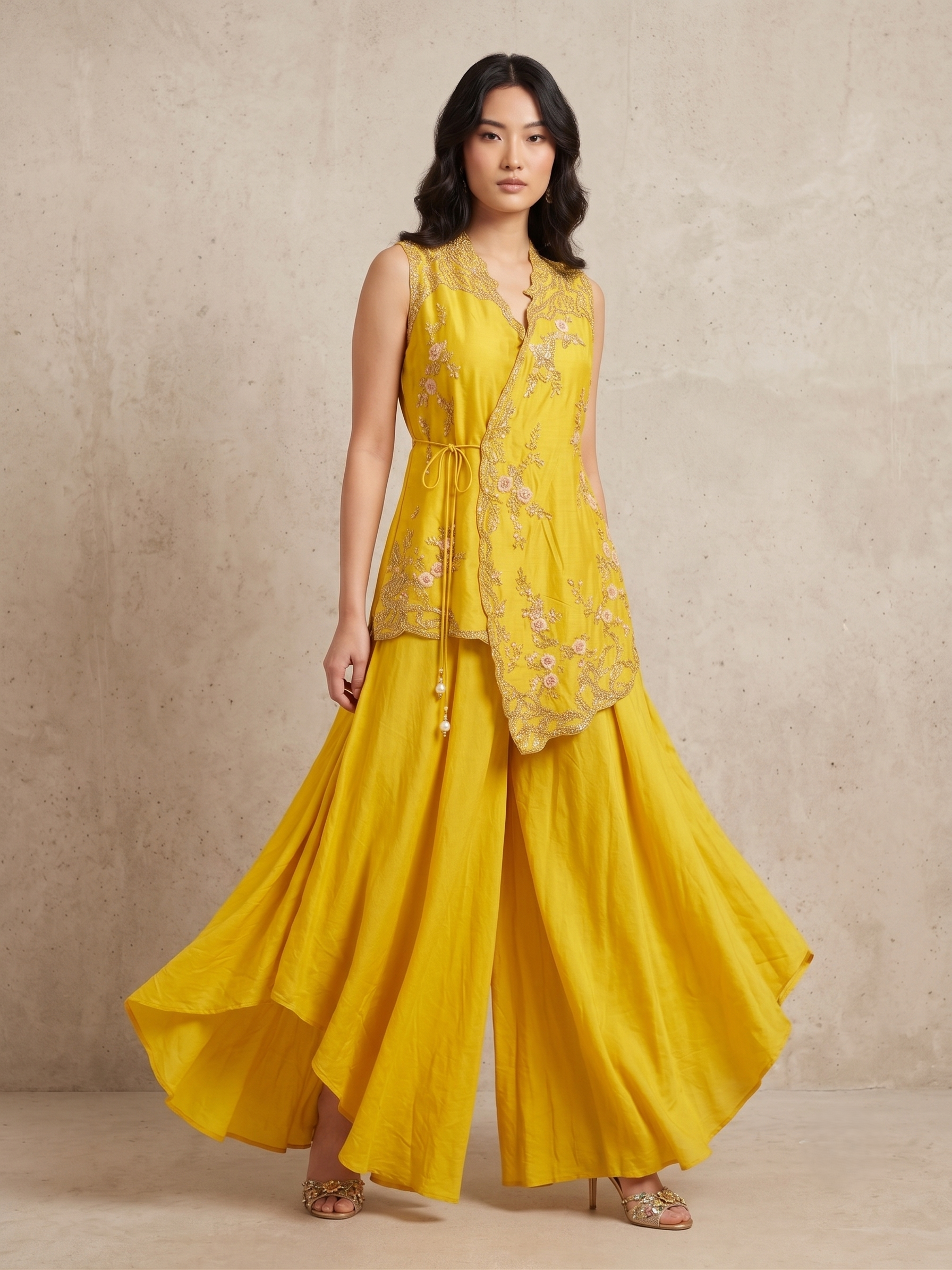 Vibrant Yellow Embellished Crepe Silk Palazzo Set
