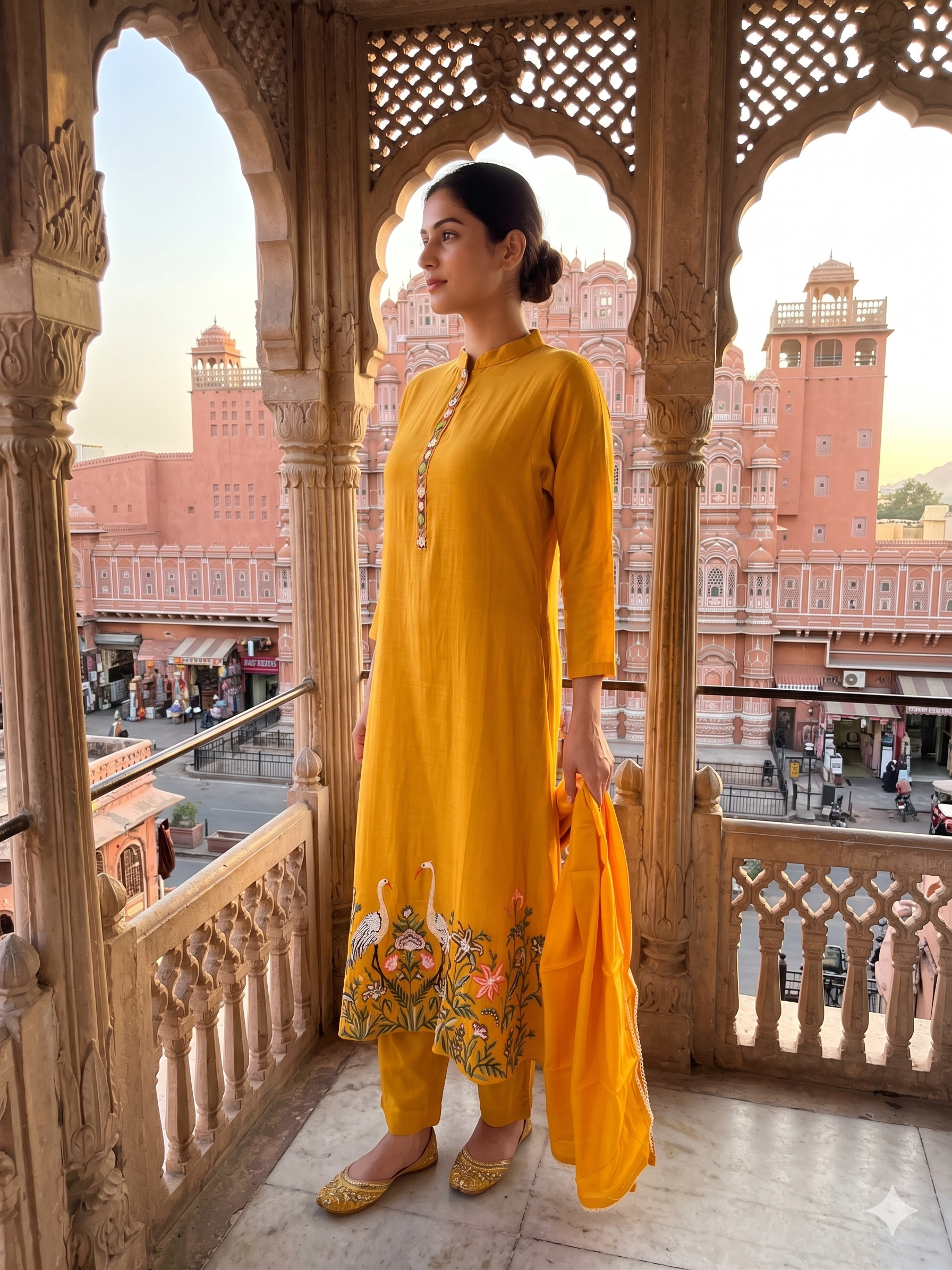 Mustard Crane Embroidered Mul-Chanderi Pant Set