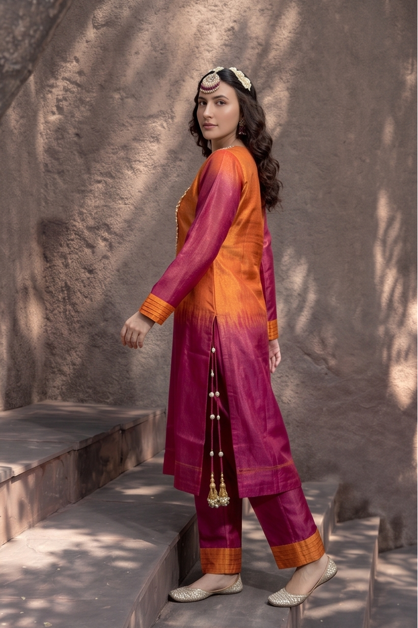 Vibrant Orange & Pink Ombre Shimmer Silk Kurta Set