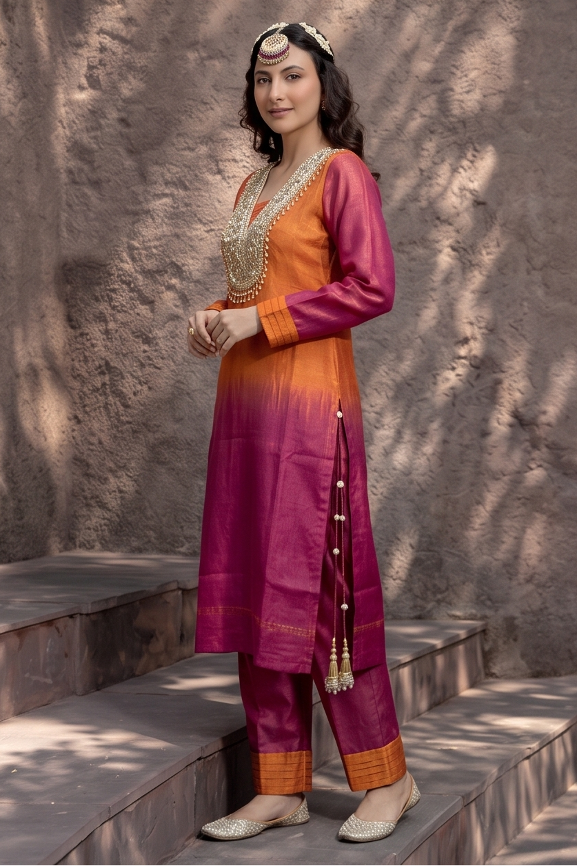 Vibrant Orange & Pink Ombre Shimmer Silk Kurta Set