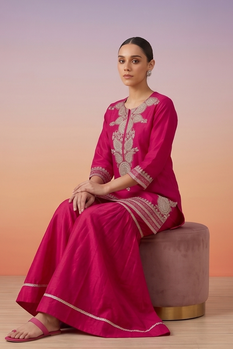 Mulberry Pink Embellished Crepe Silk Sharara Set