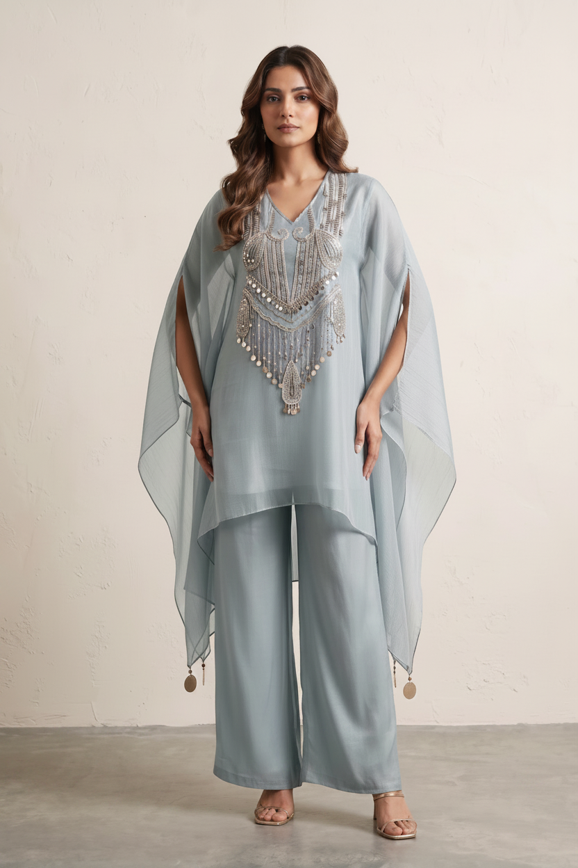 Mist Blue Embellished Tissue Silk Kaftan Dhoti Set