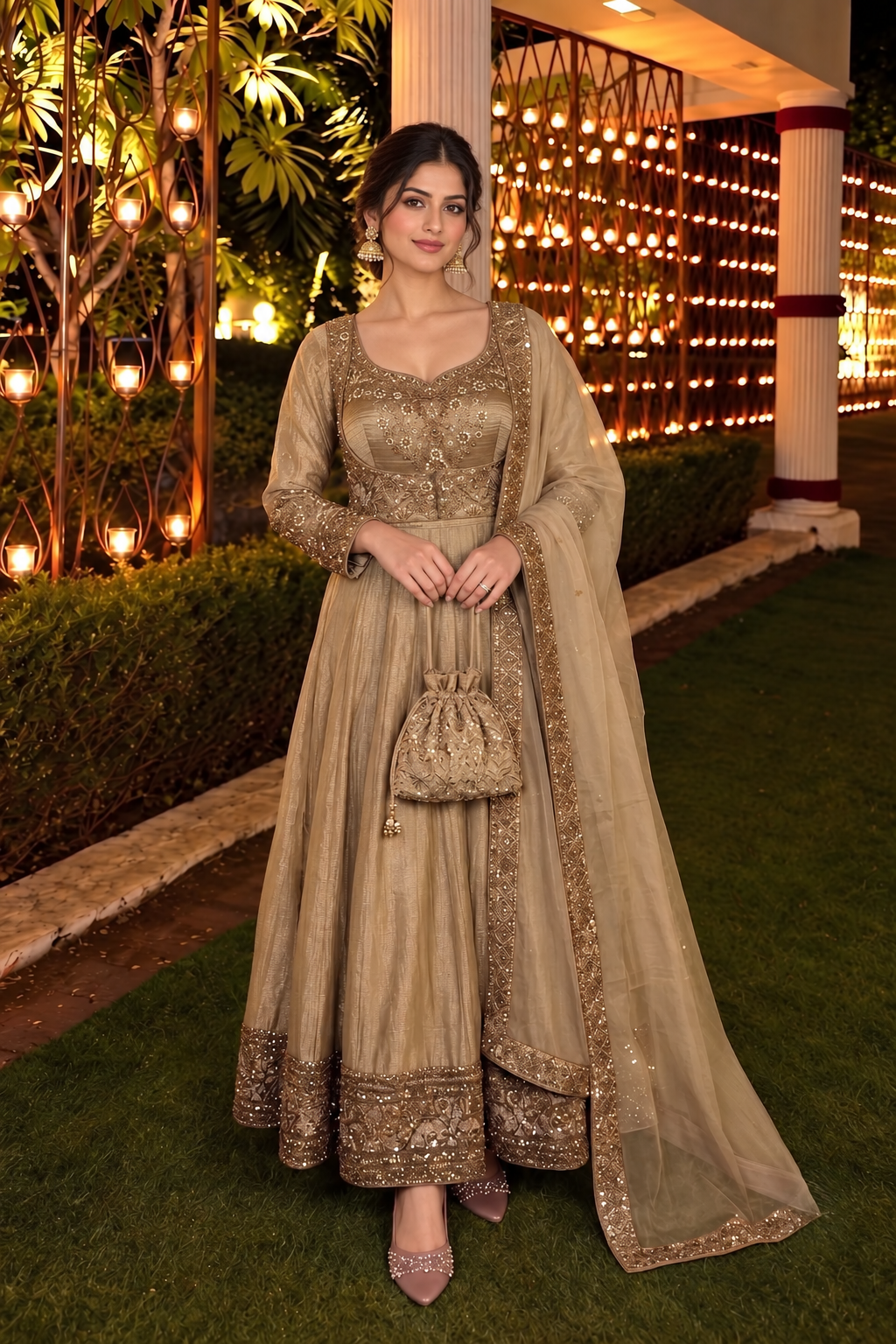 Champagne Gold Embellished Tissue Silk Anarkali Set