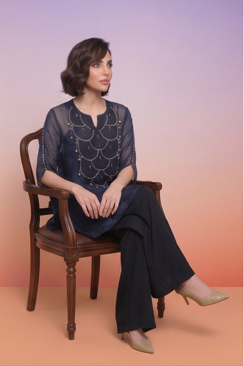 Midnight Blue Embellished Tissue Silk Palazzo Set