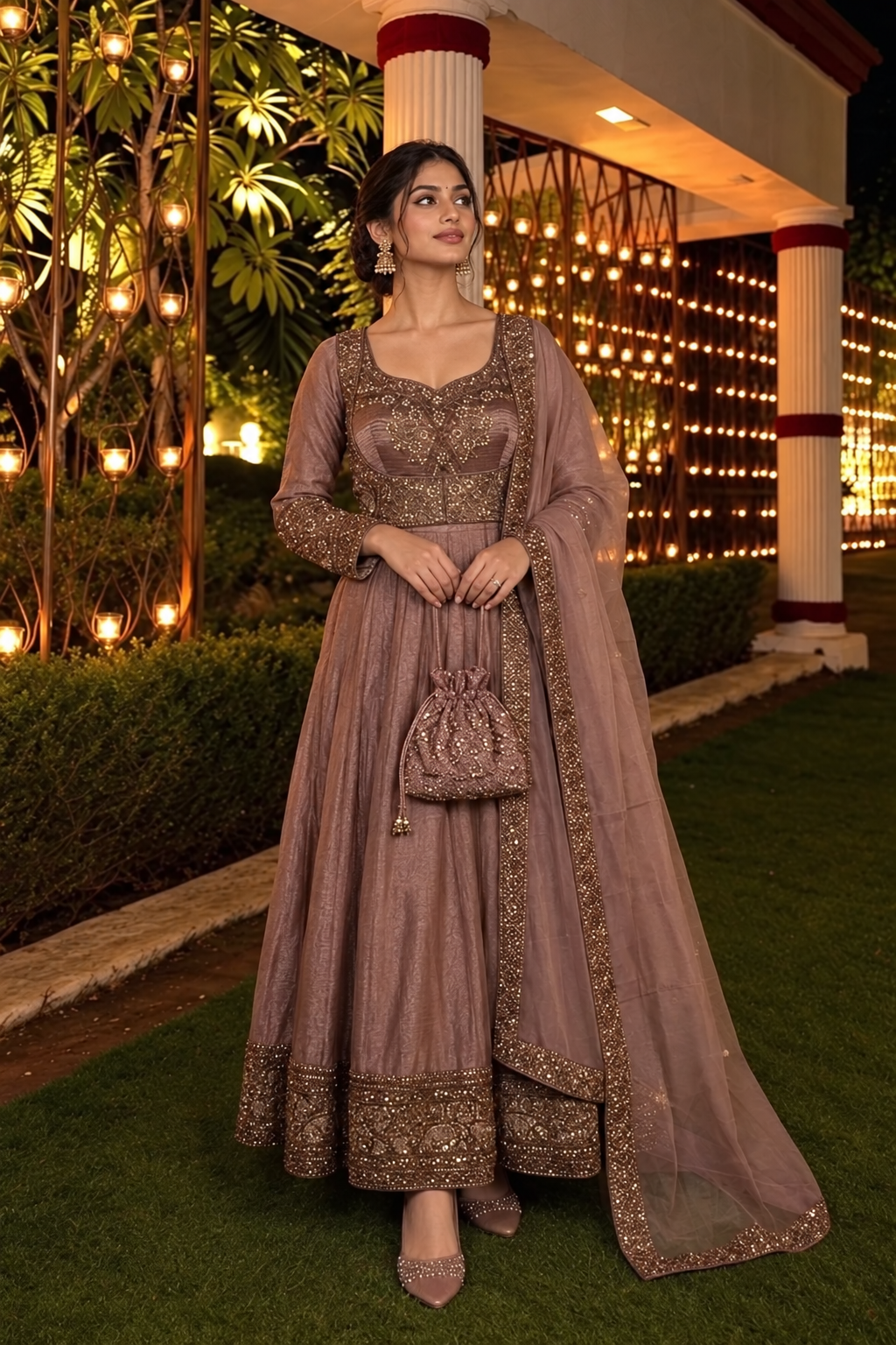 Rose Gold Embellished Tissue Silk Anarkali Set