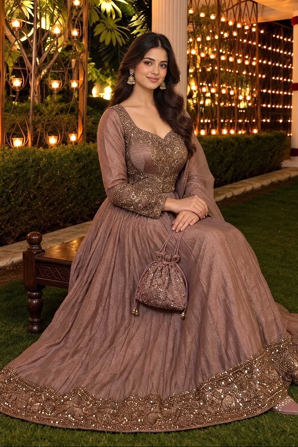 Rose Gold Embellished Tissue Silk Anarkali Set