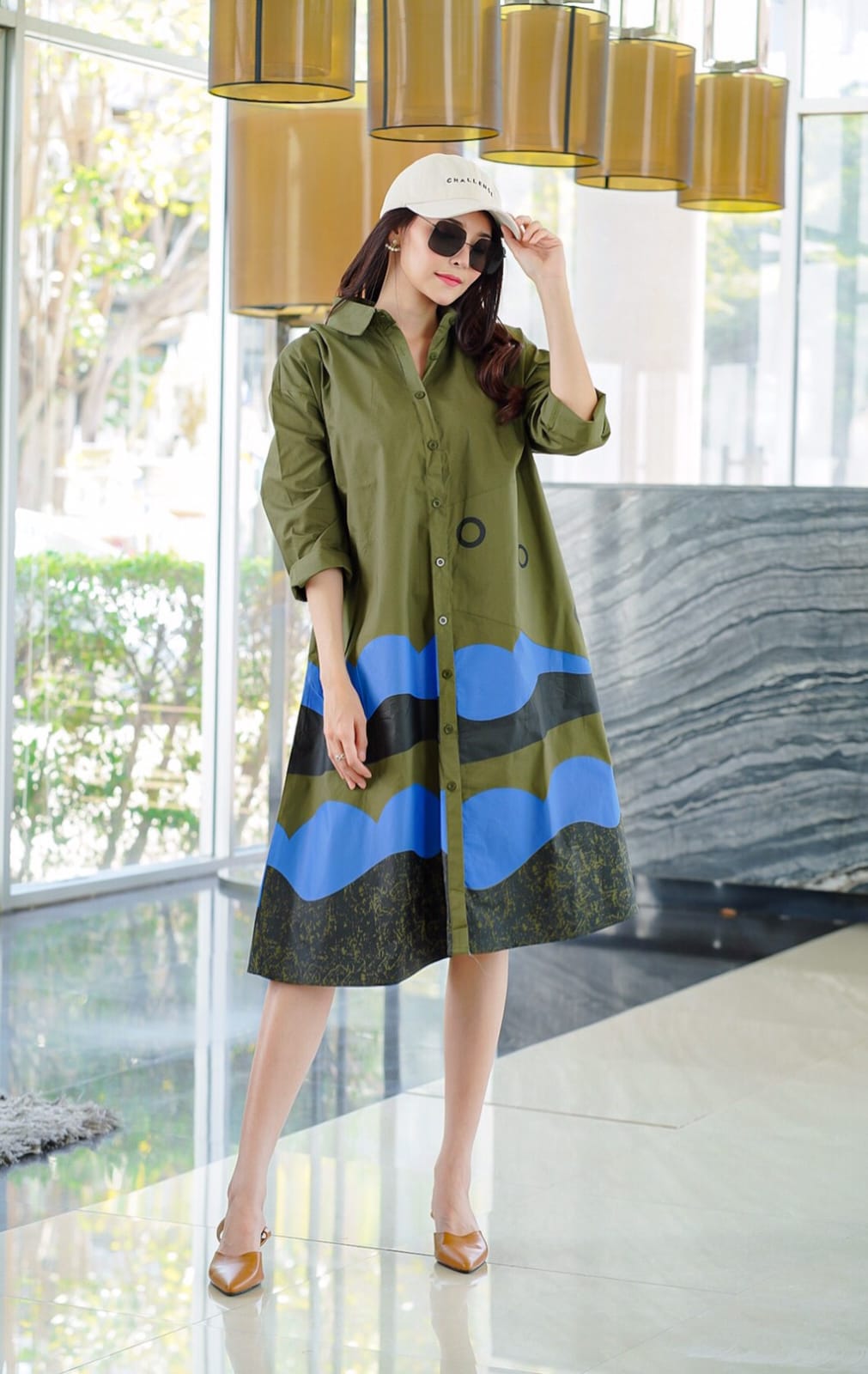 Olive Green Abstract Printed Tunic Dress
