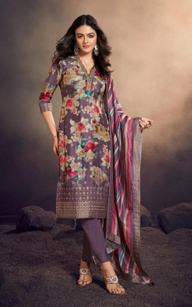 Mauve Purple Printed Muslin Silk Pant Set