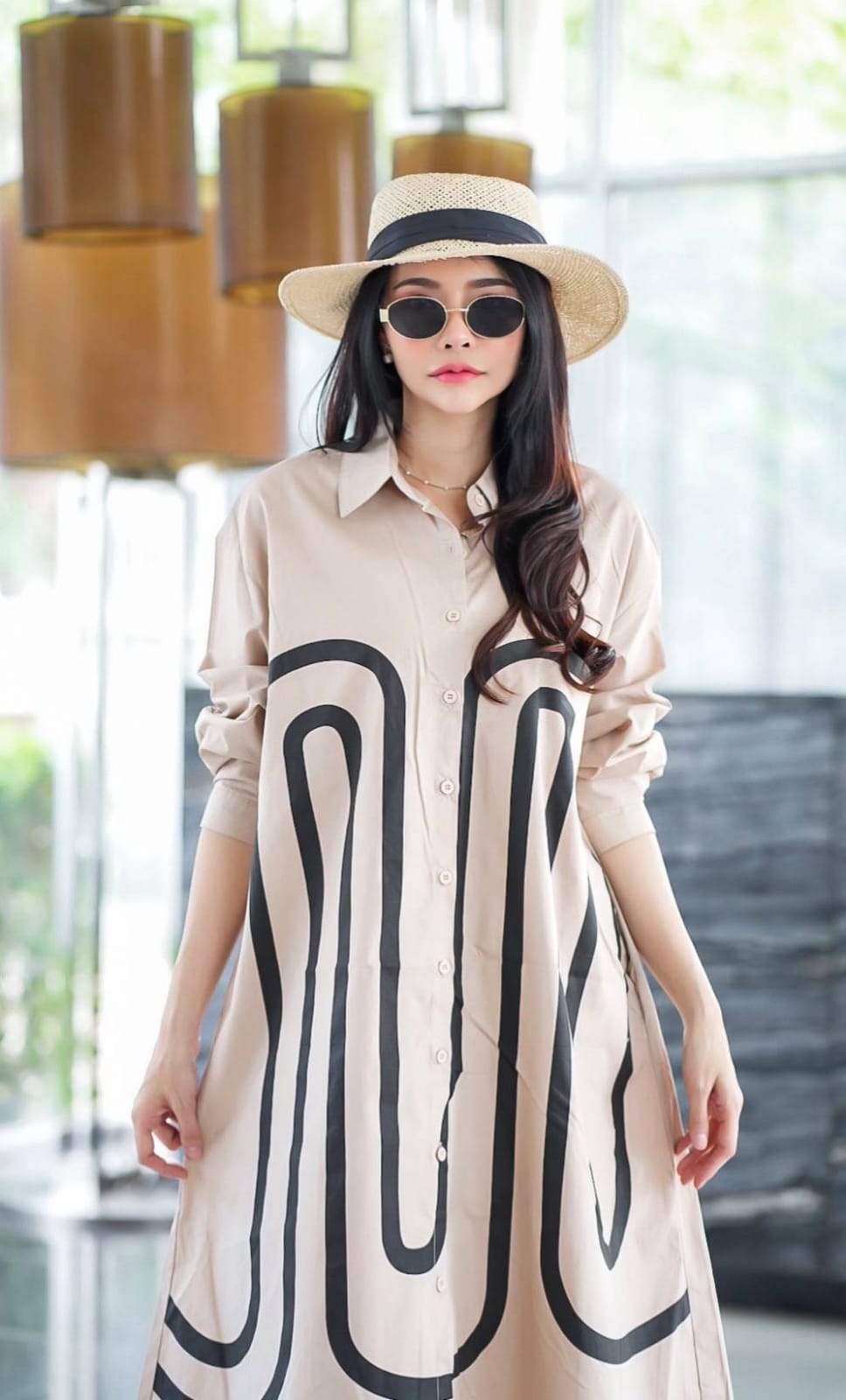 Beige Monochrome Path Print Tunic Dress