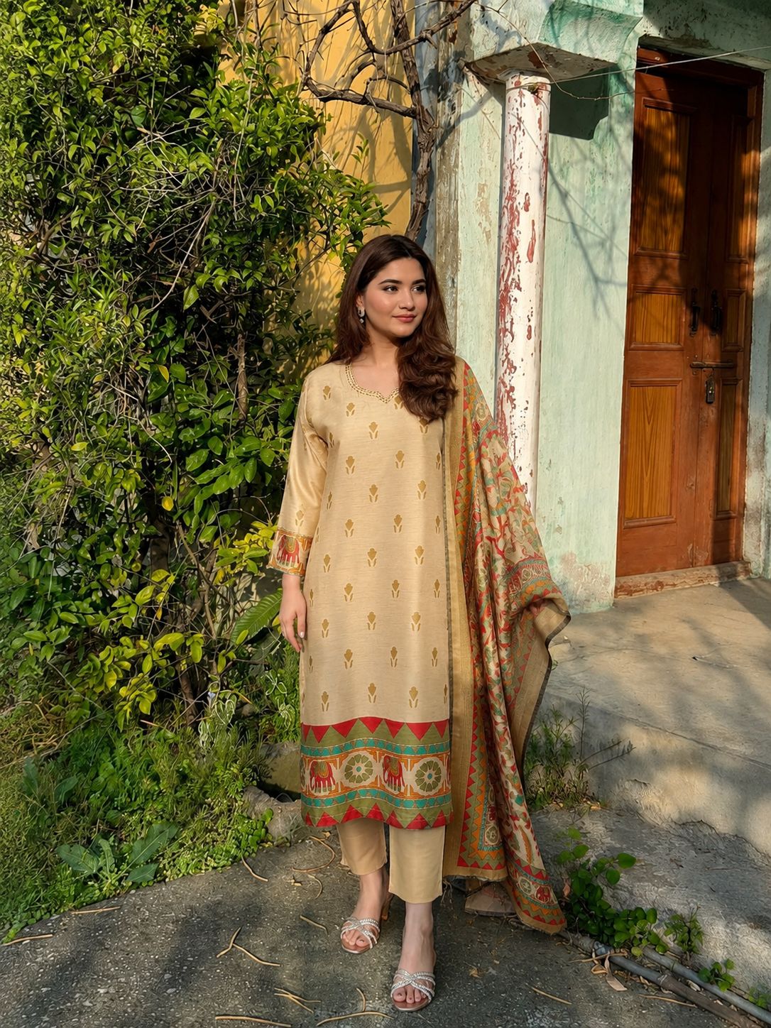 Golden Heritage Printed Mul-Chanderi Silk Pant Set