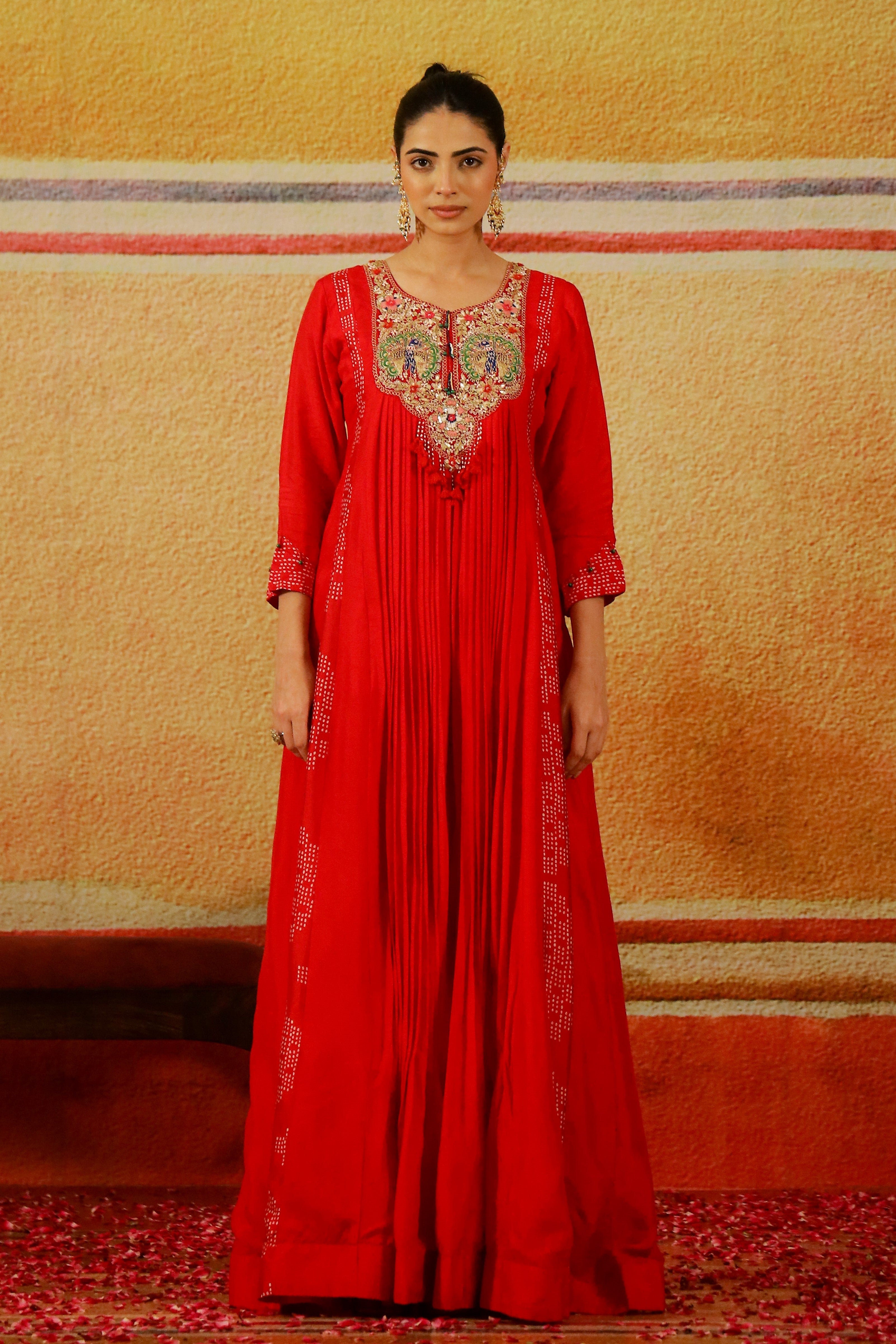 Hot Red Embroidered Raw Silk Gown