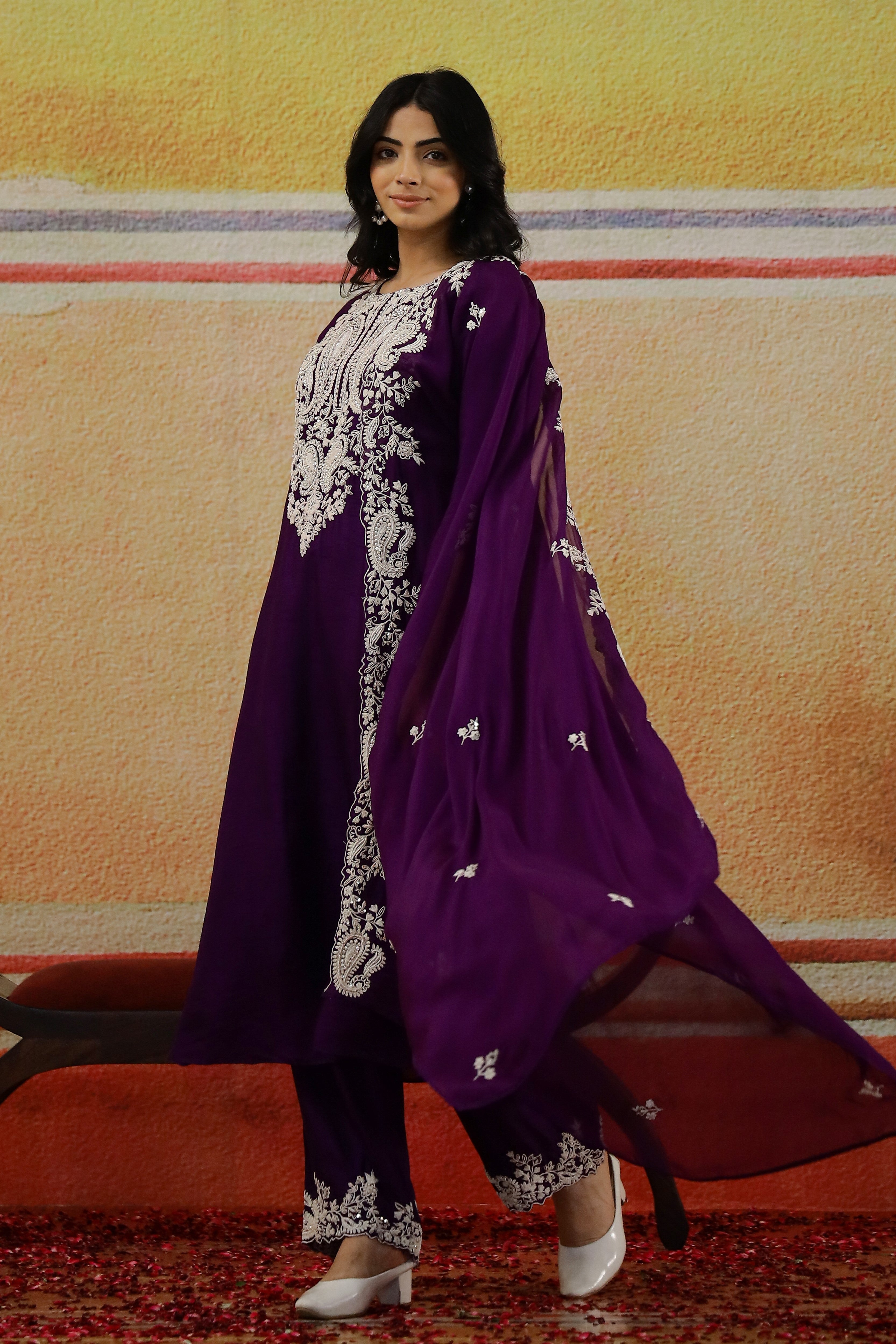Violet Embellished Raw Silk Kurta Set