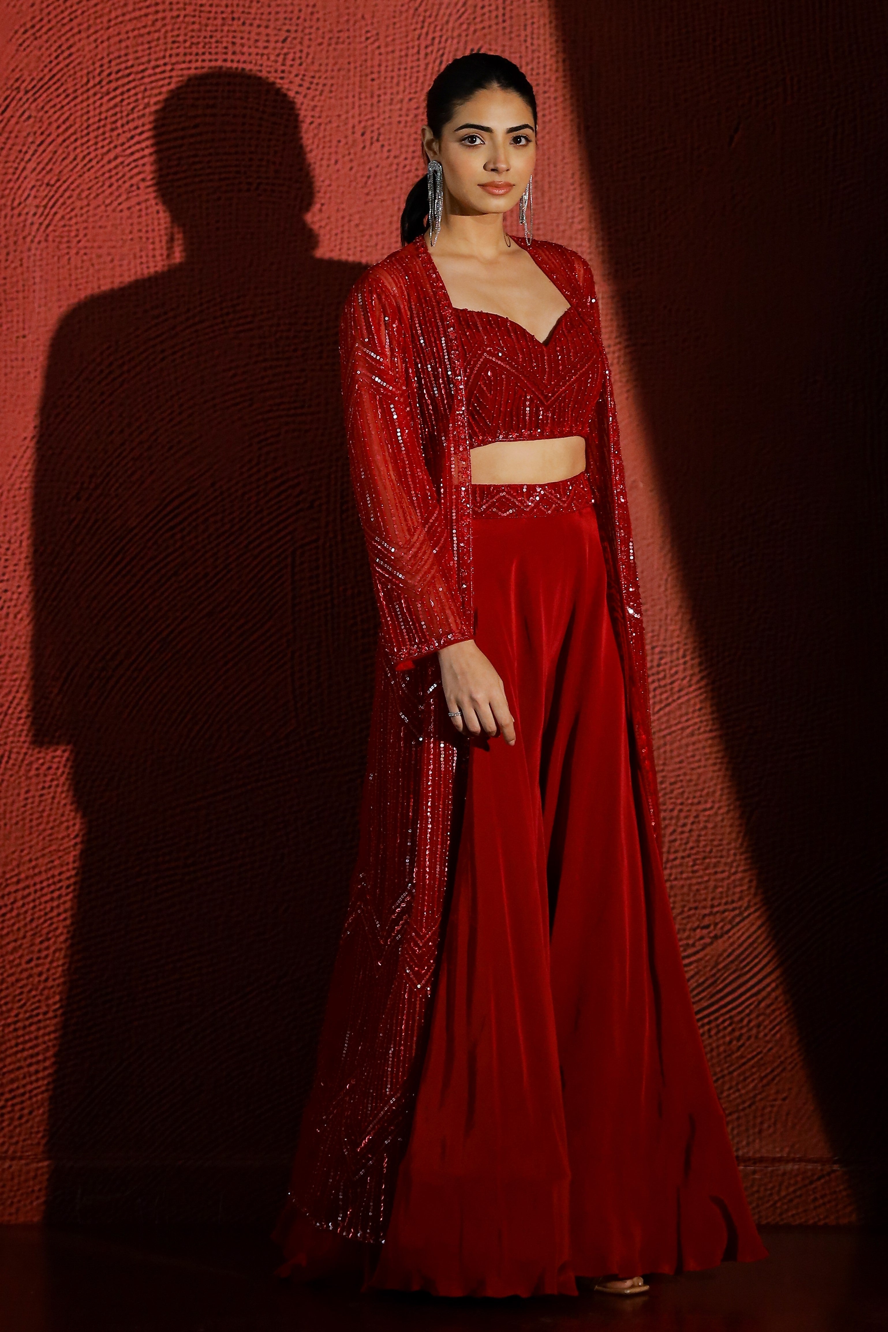 Hot Red Embellished Premium Net Shrug & Palazzo Set