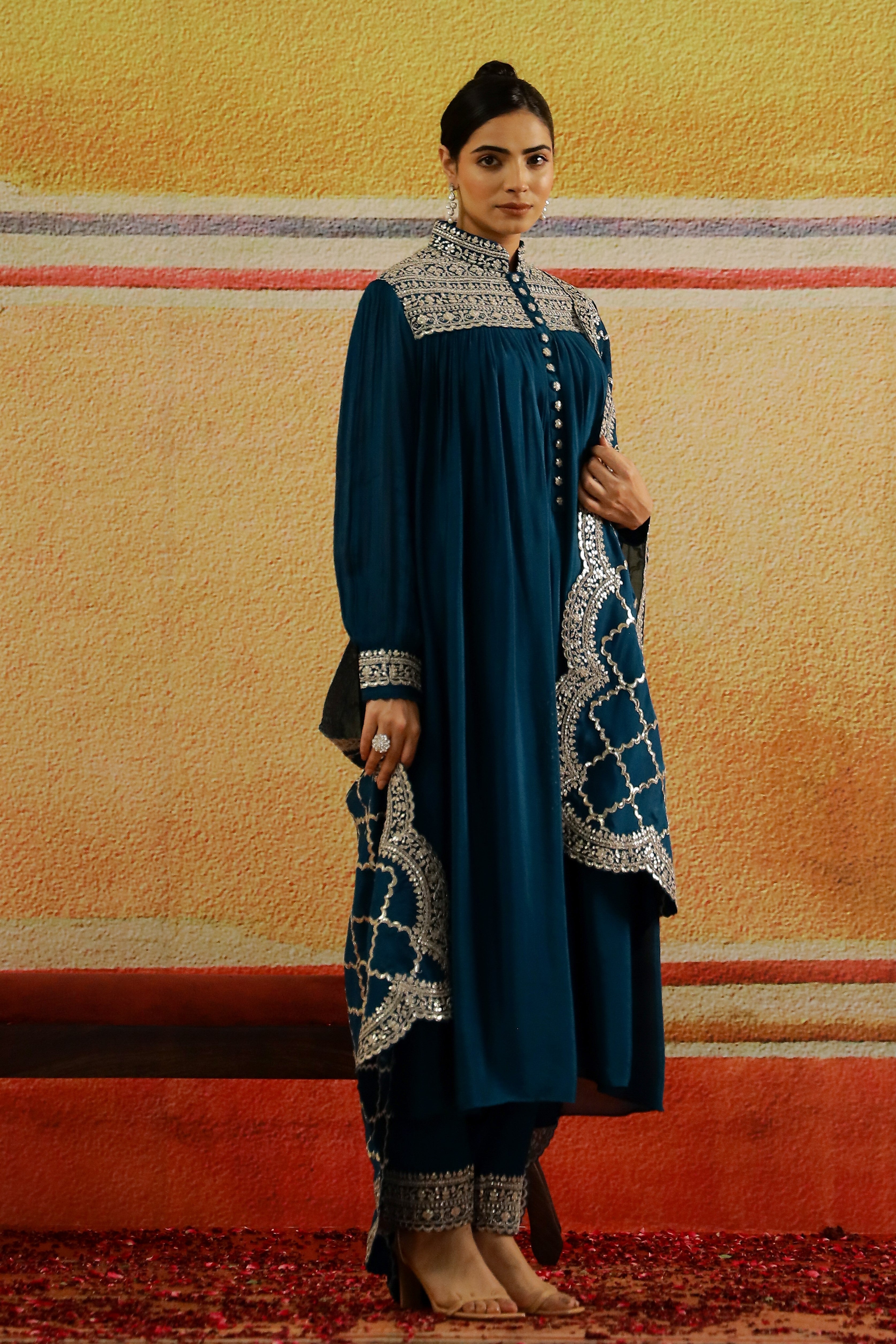 Teal Embellished Spanish Silk Pants Set