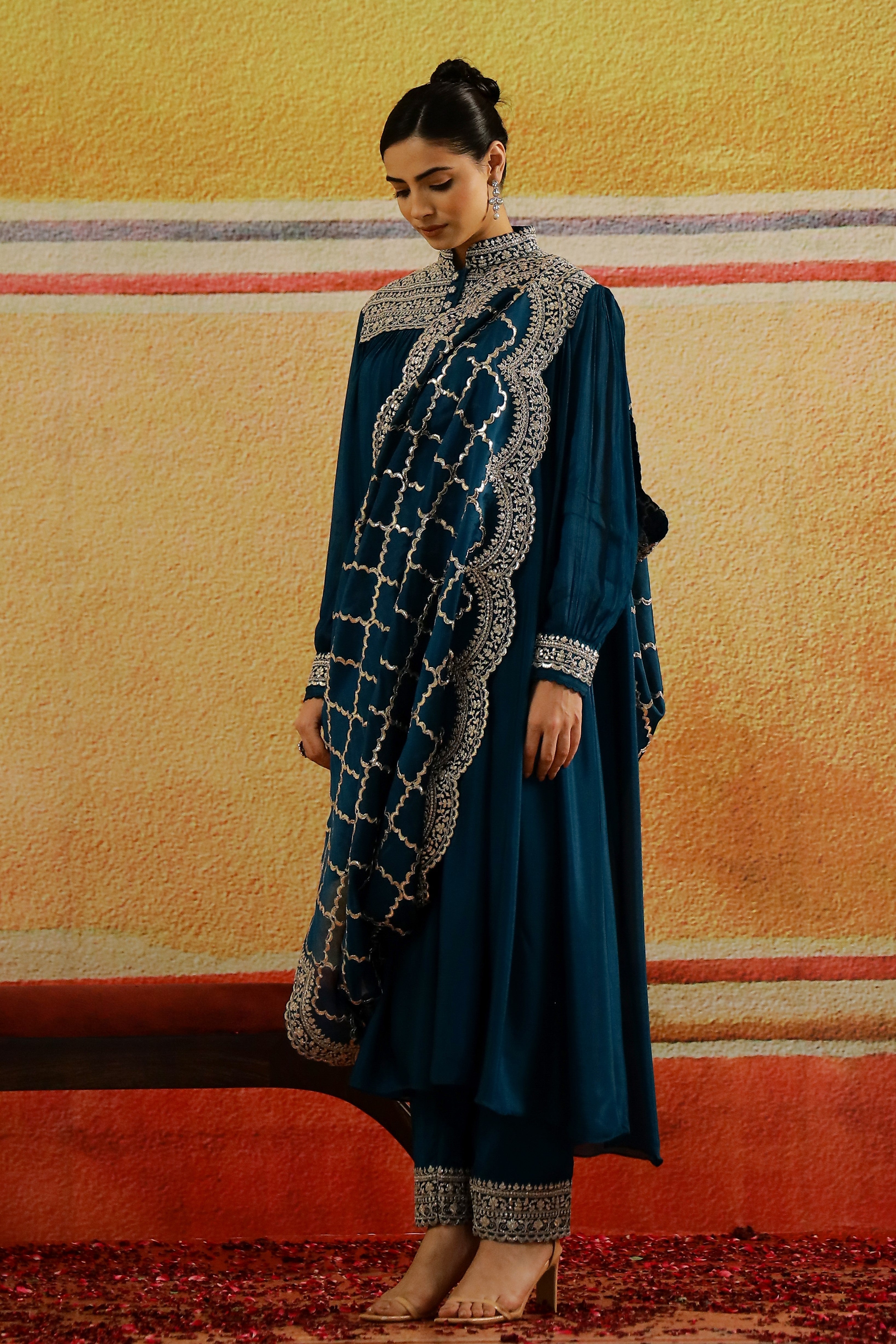 Teal Embellished Spanish Silk Pants Set