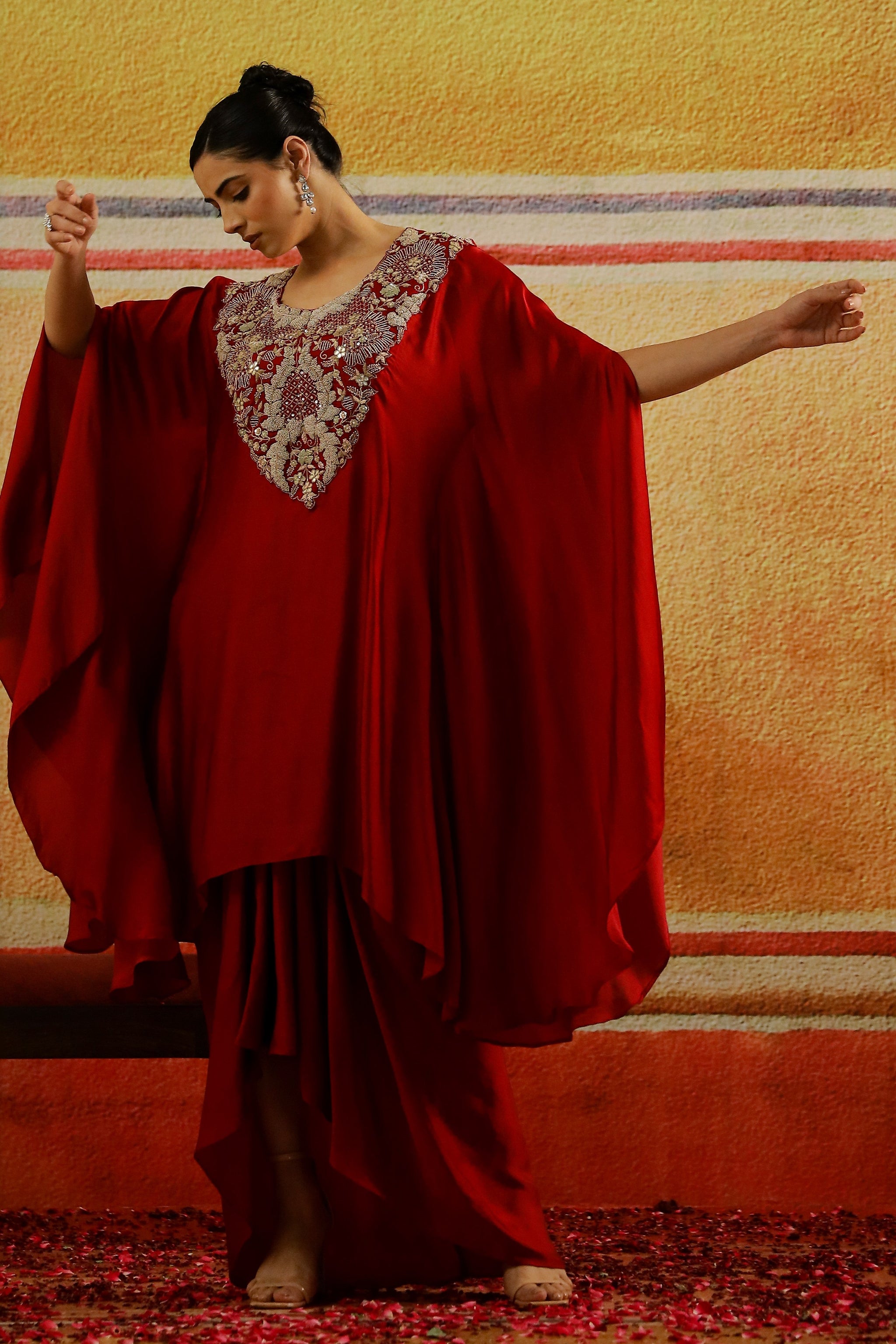 Red Embroidered Satin Silk Kaftan & Skirt Set XL / Satin Silk / Made to Order in 30 Days