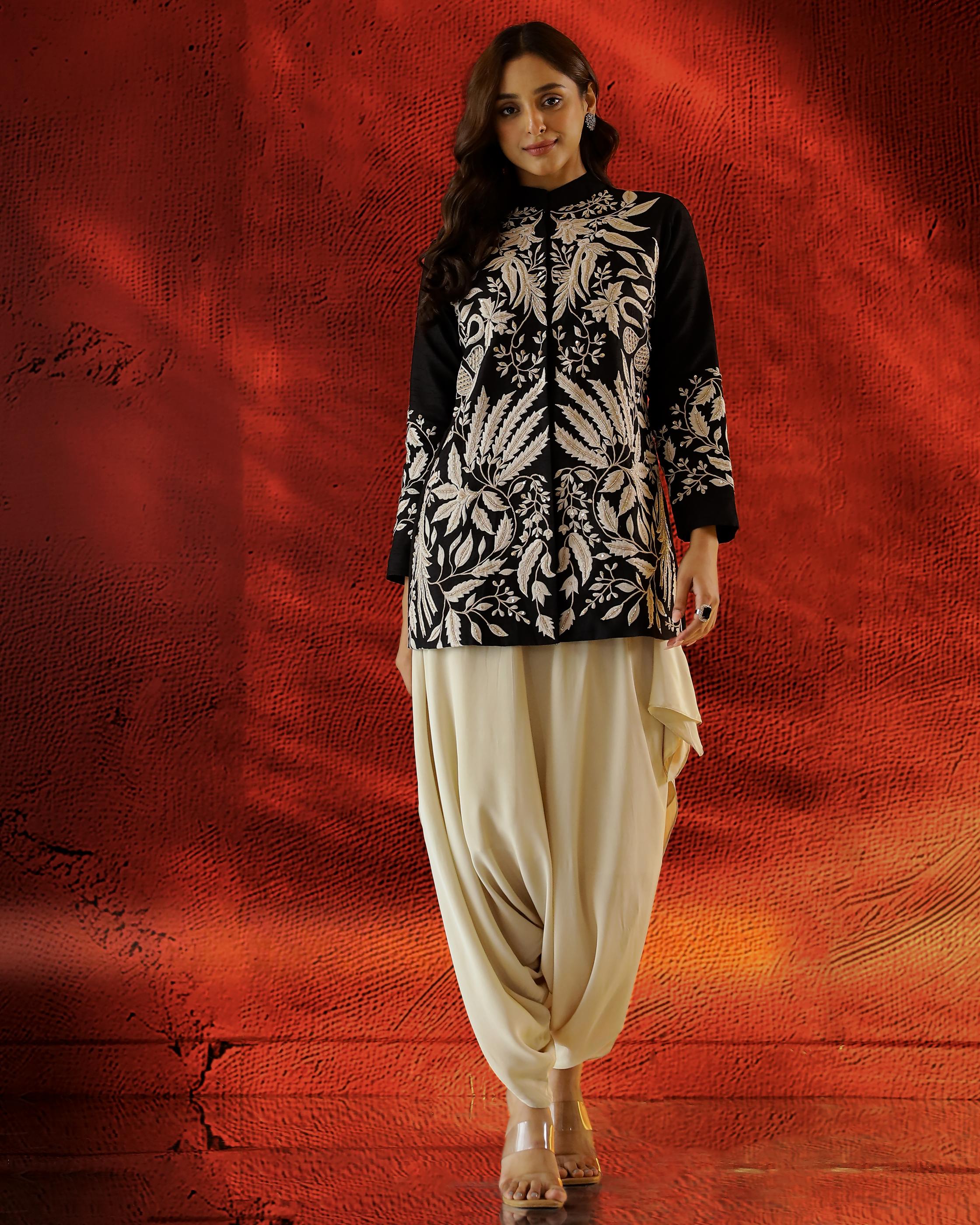 Classic Black Embroidered Raw Silk Jacket with Cowl Pants