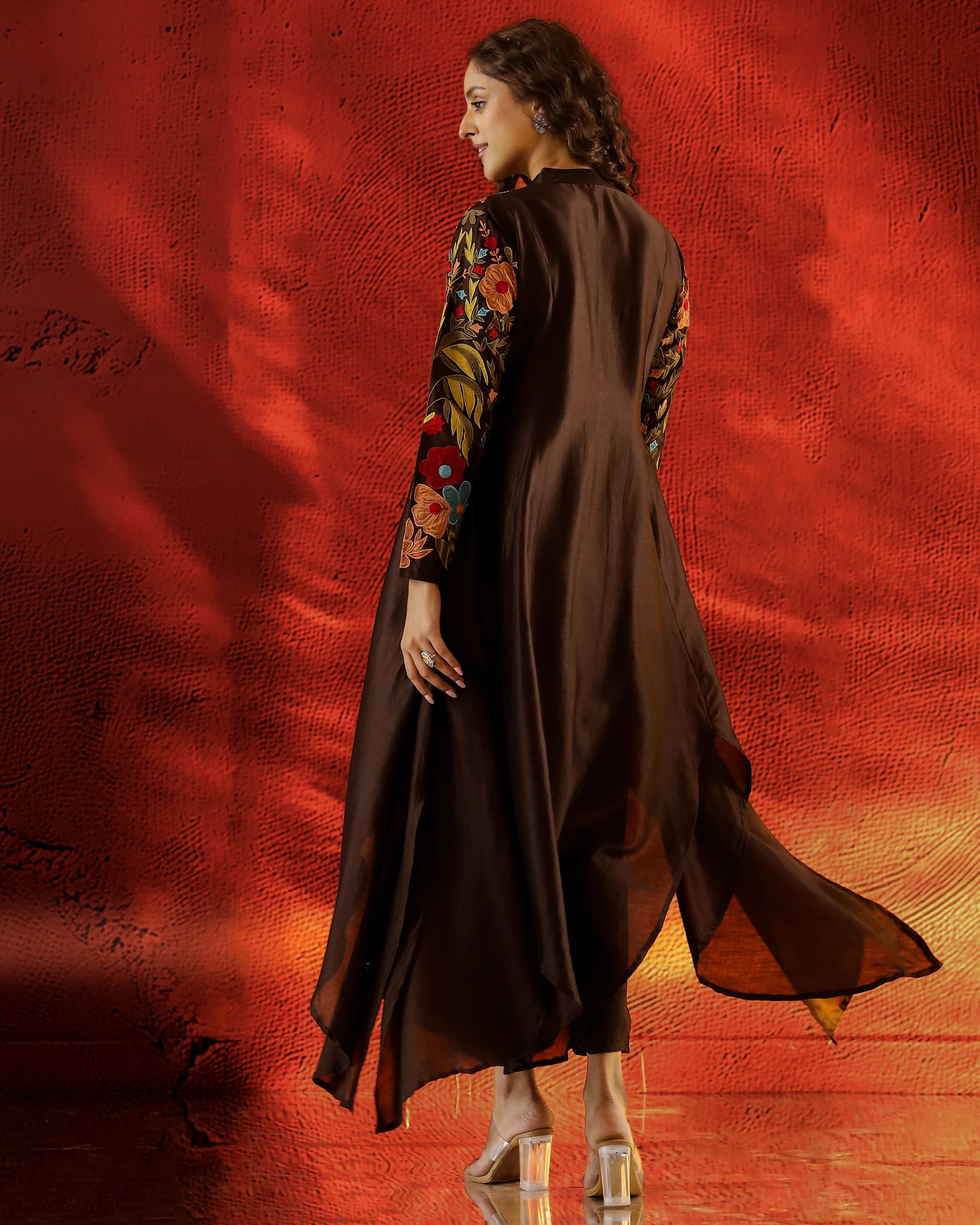 Brown Embroidered Raw Silk Kurta Set