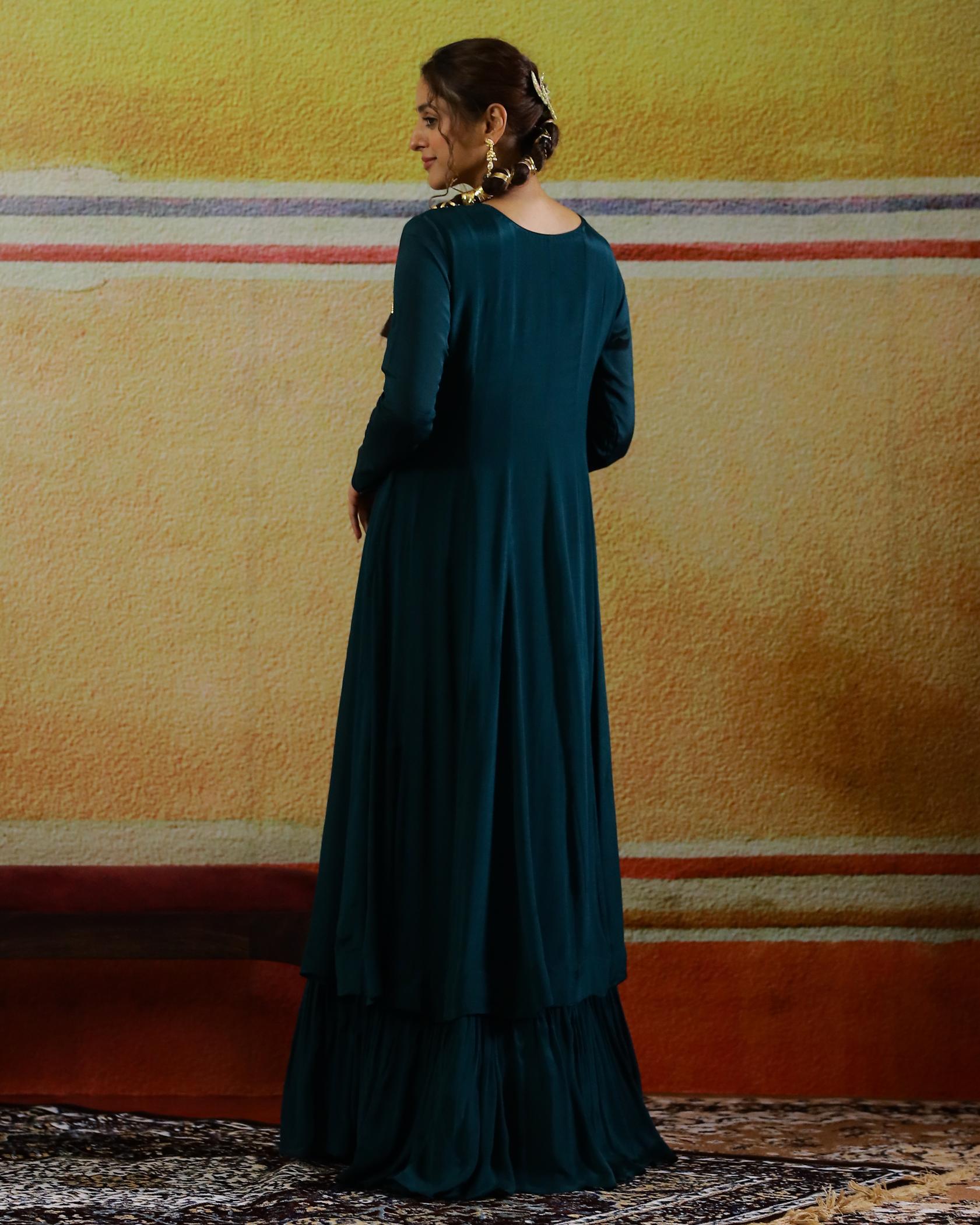 Teal Embellished Chinon Silk Gown