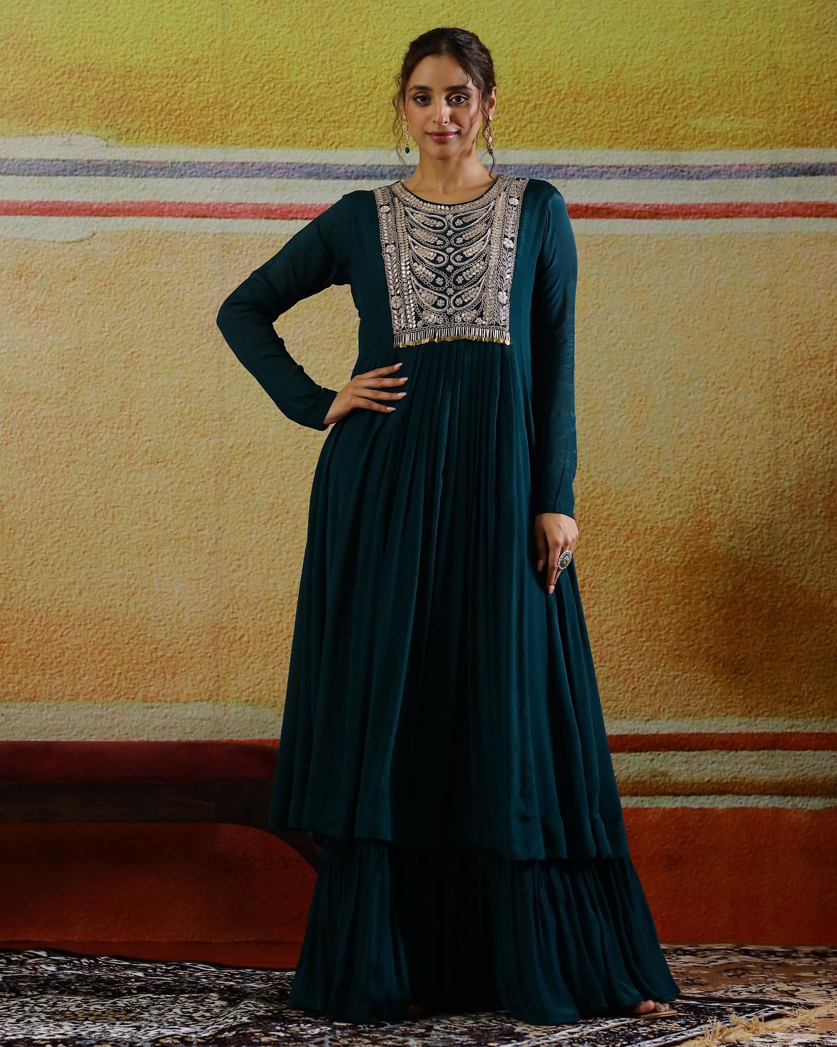 Teal Embellished Chinon Silk Gown