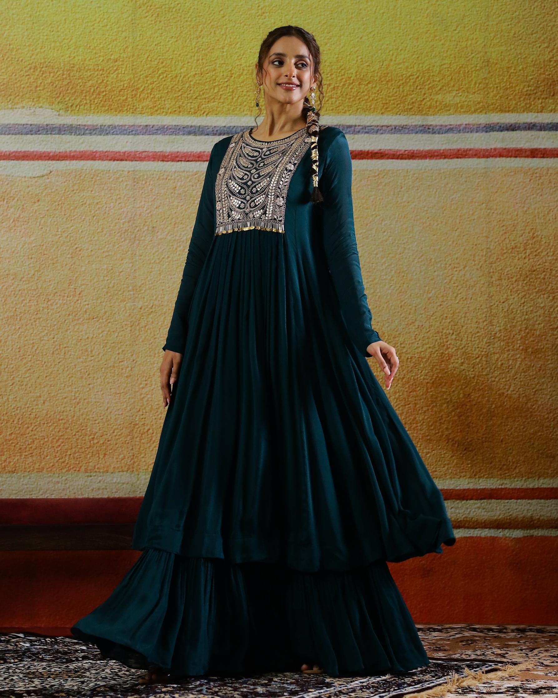 Teal Embellished Chinon Silk Gown