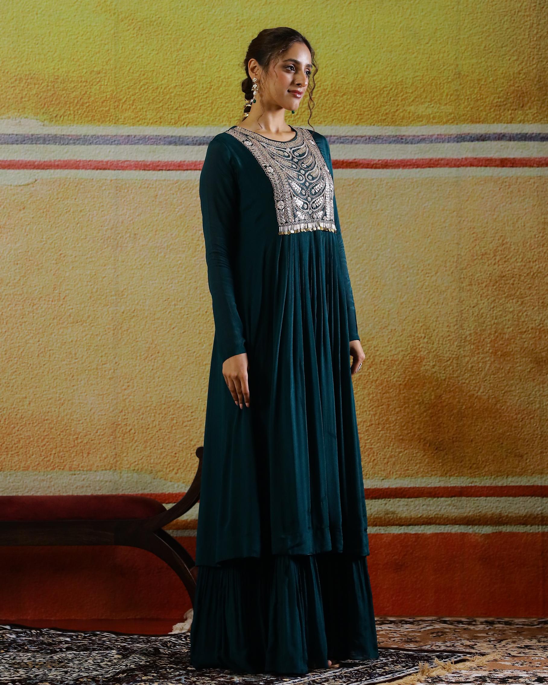 Teal Embellished Chinon Silk Gown