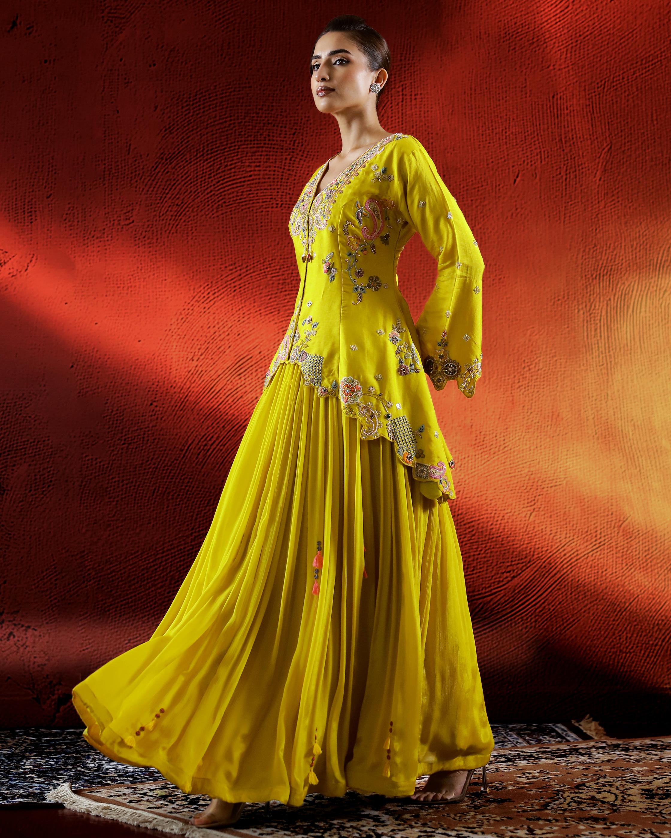 Festive Yellow Embellished Chinon Silk Lehenga Set