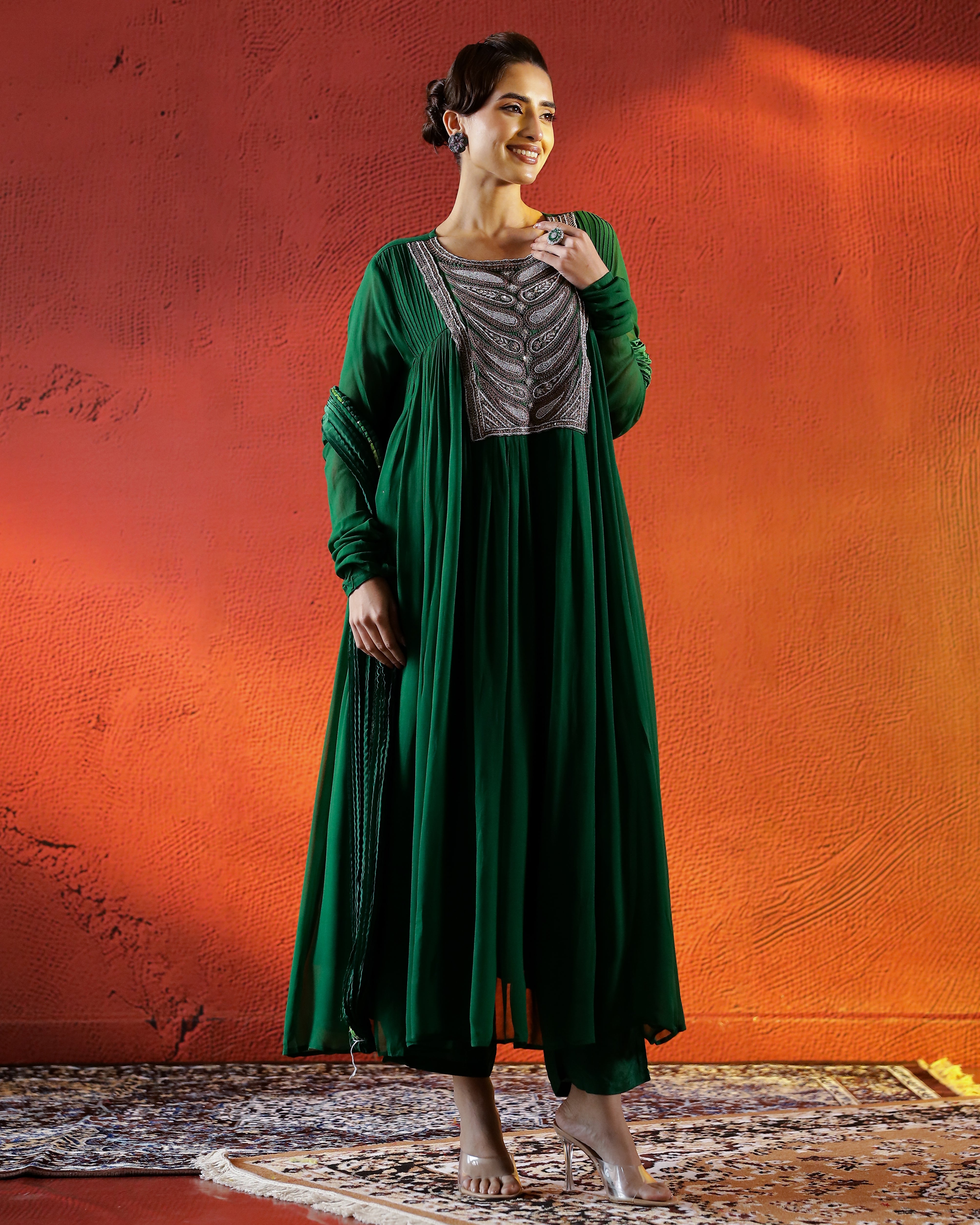 Green Embellished Georgette Kurta Set