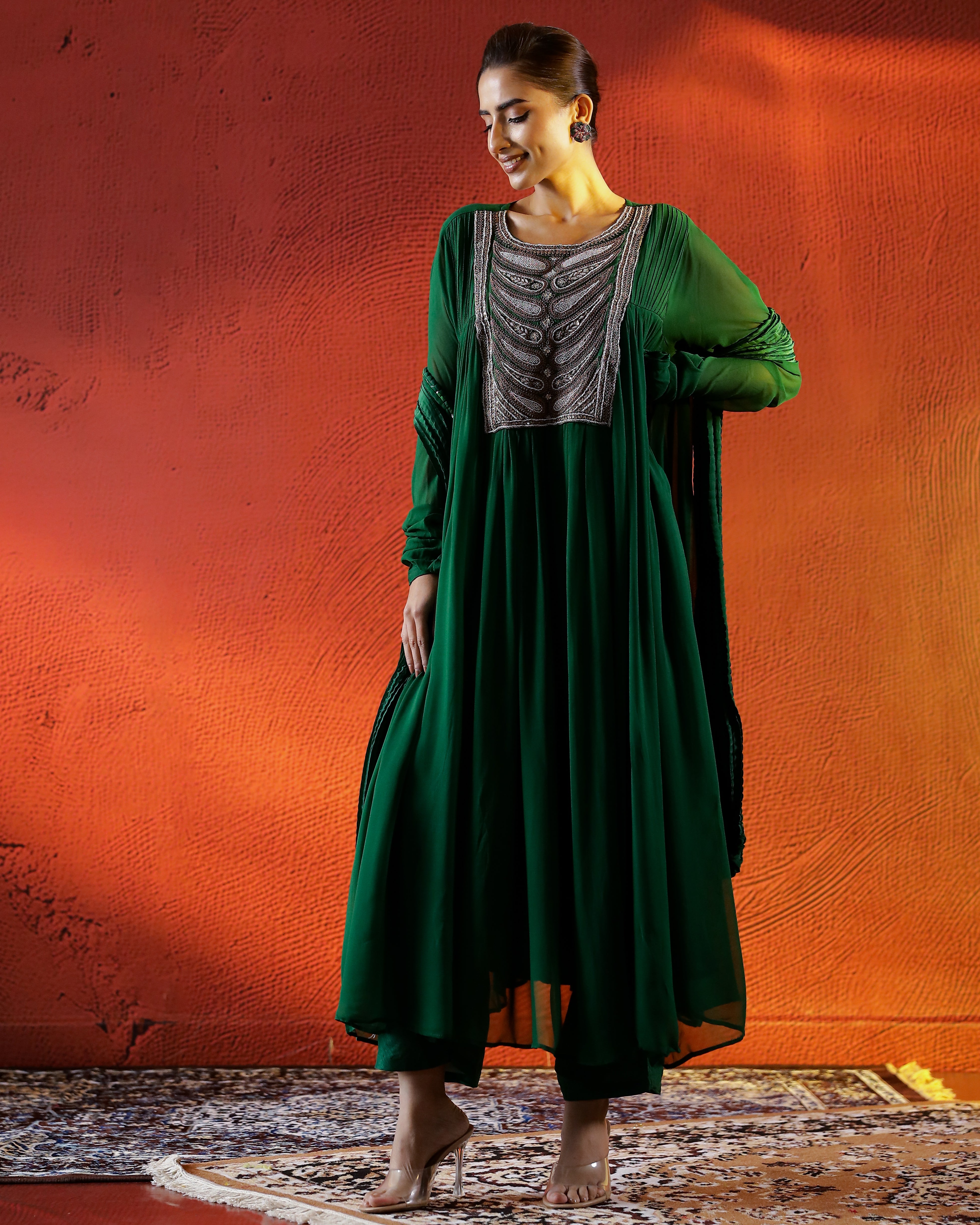 Green Embellished Georgette Kurta Set