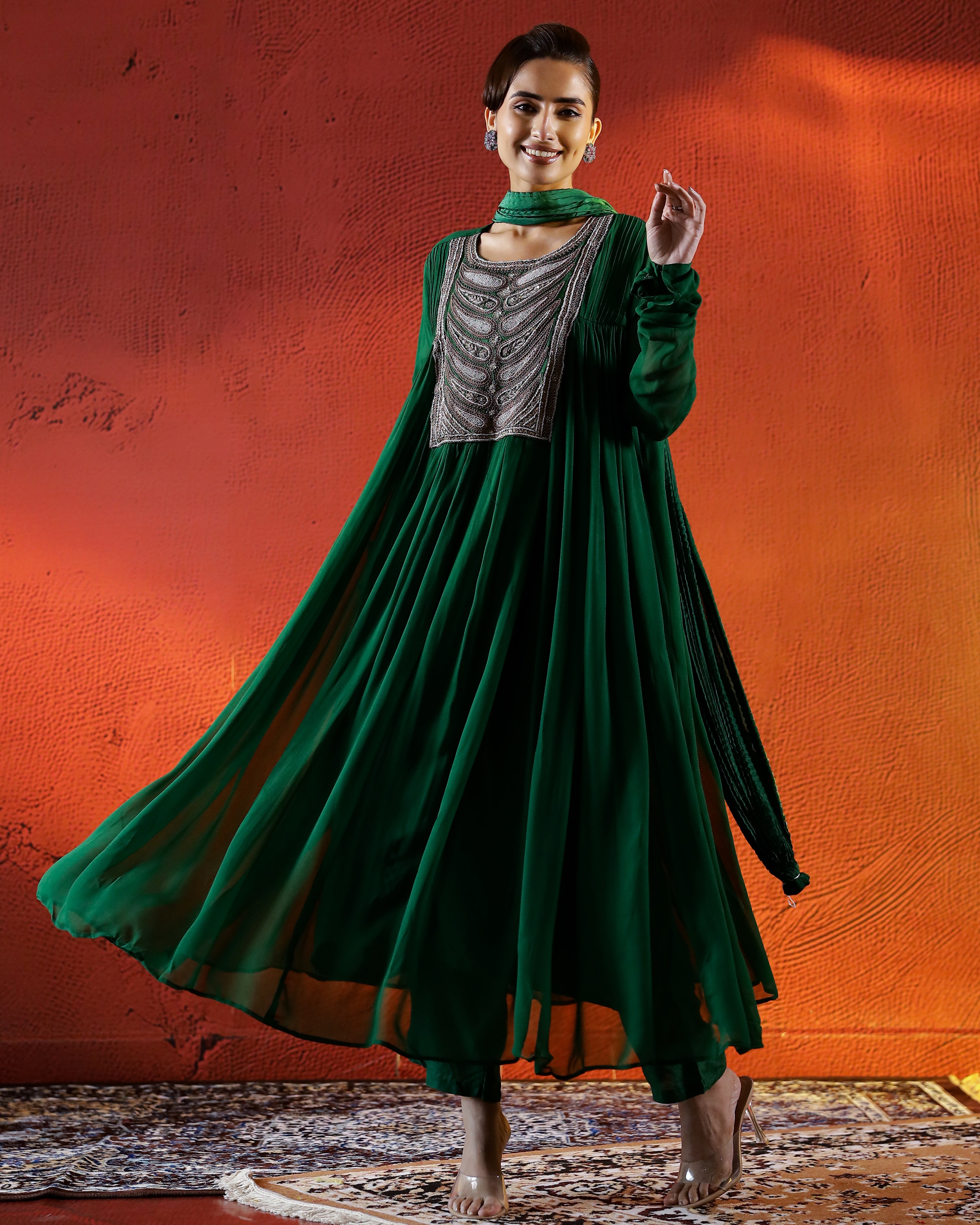 Green Embellished Georgette Kurta Set