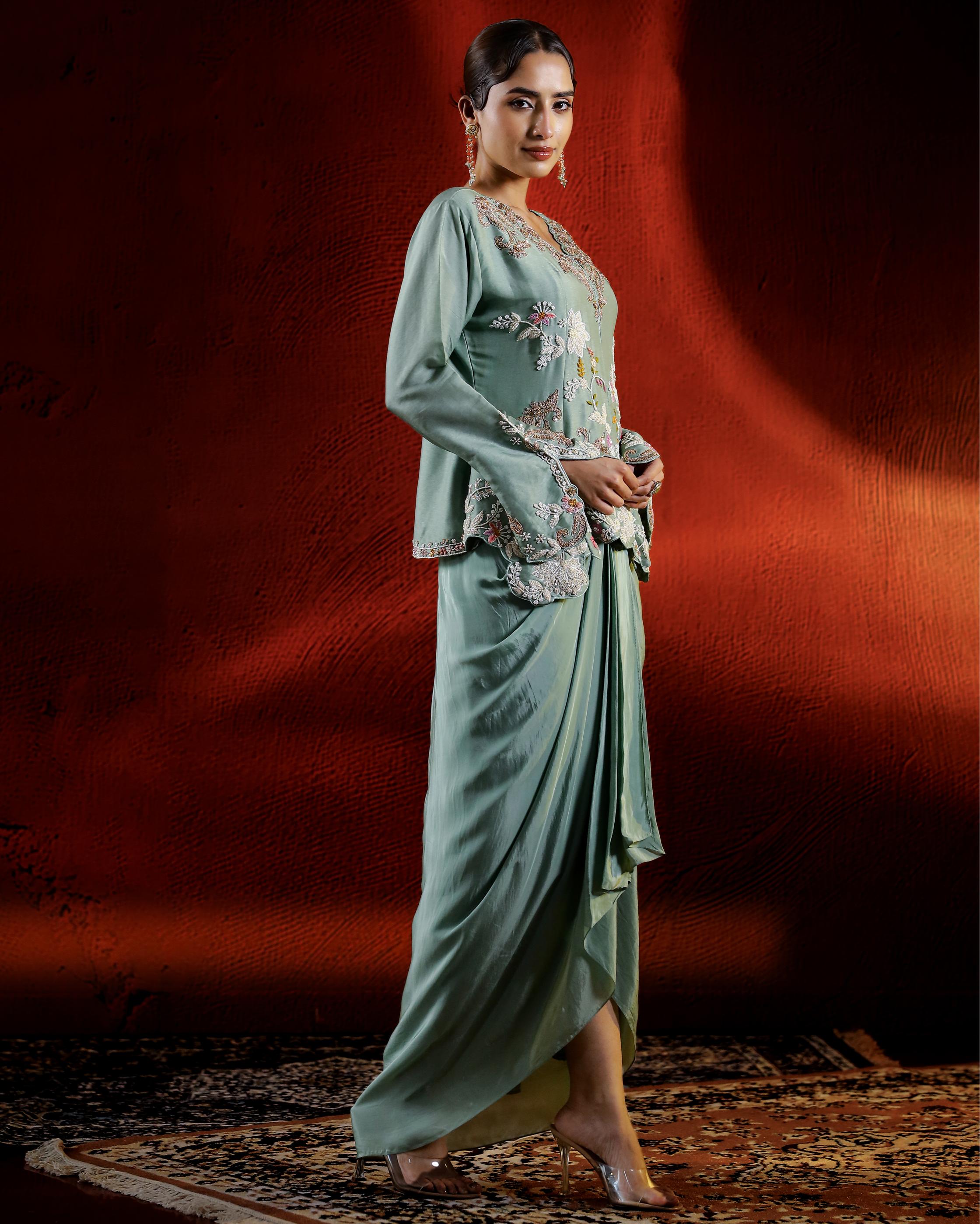 Pale Green Embroidered German Silk Jacket Skirt Set
