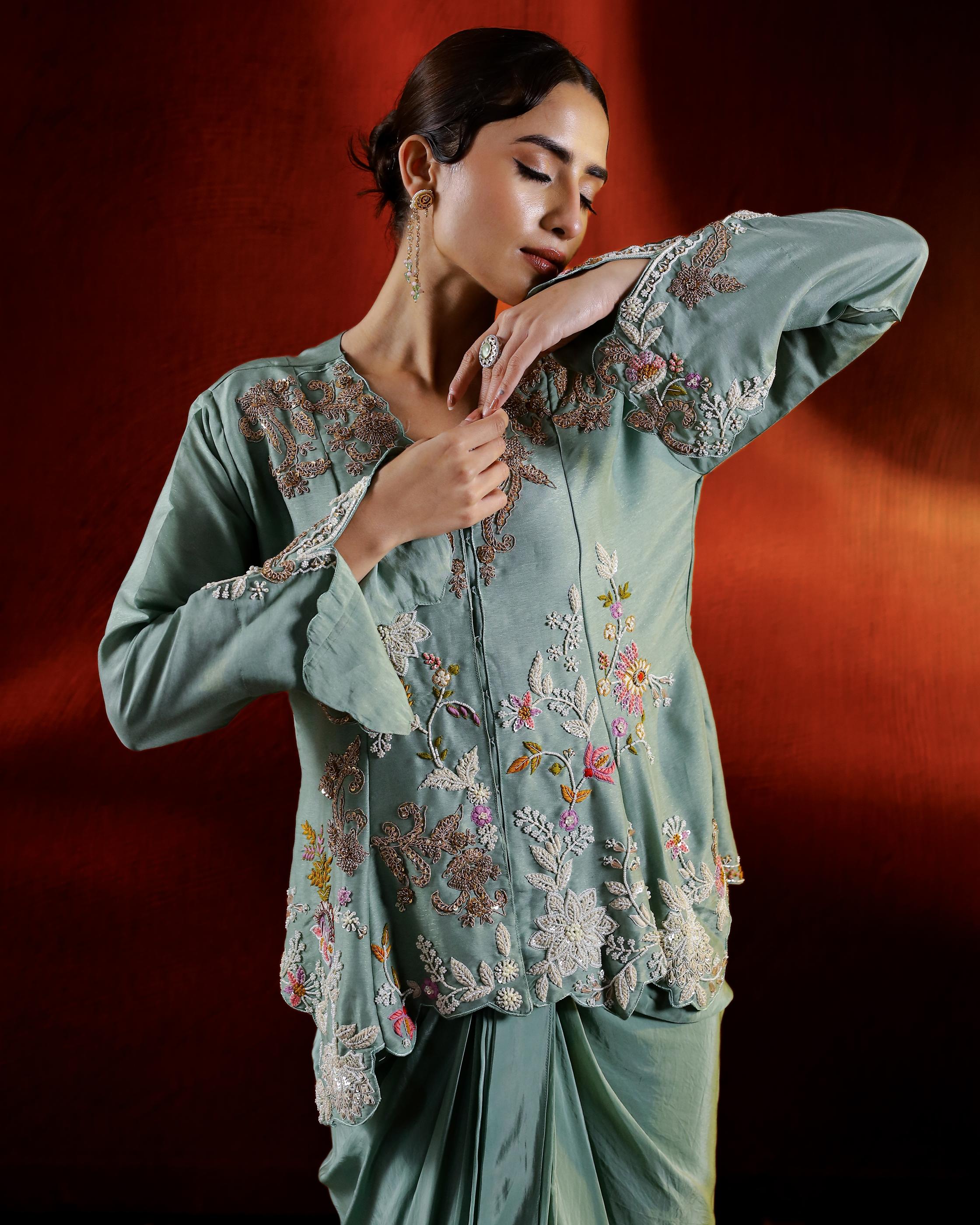 Pale Green Embroidered German Silk Jacket Skirt Set