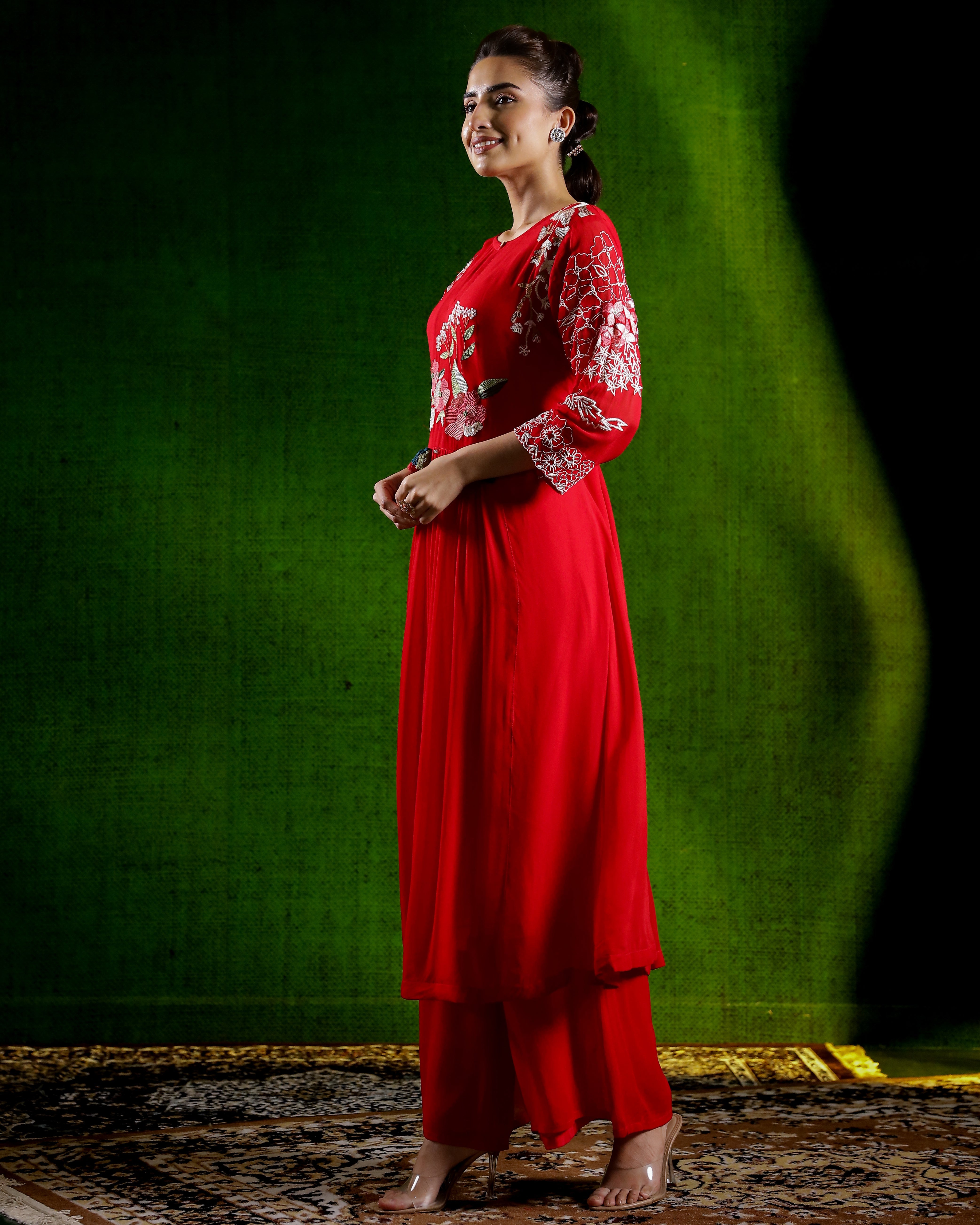 Hot Red Embroidered Silk Palazzo Set