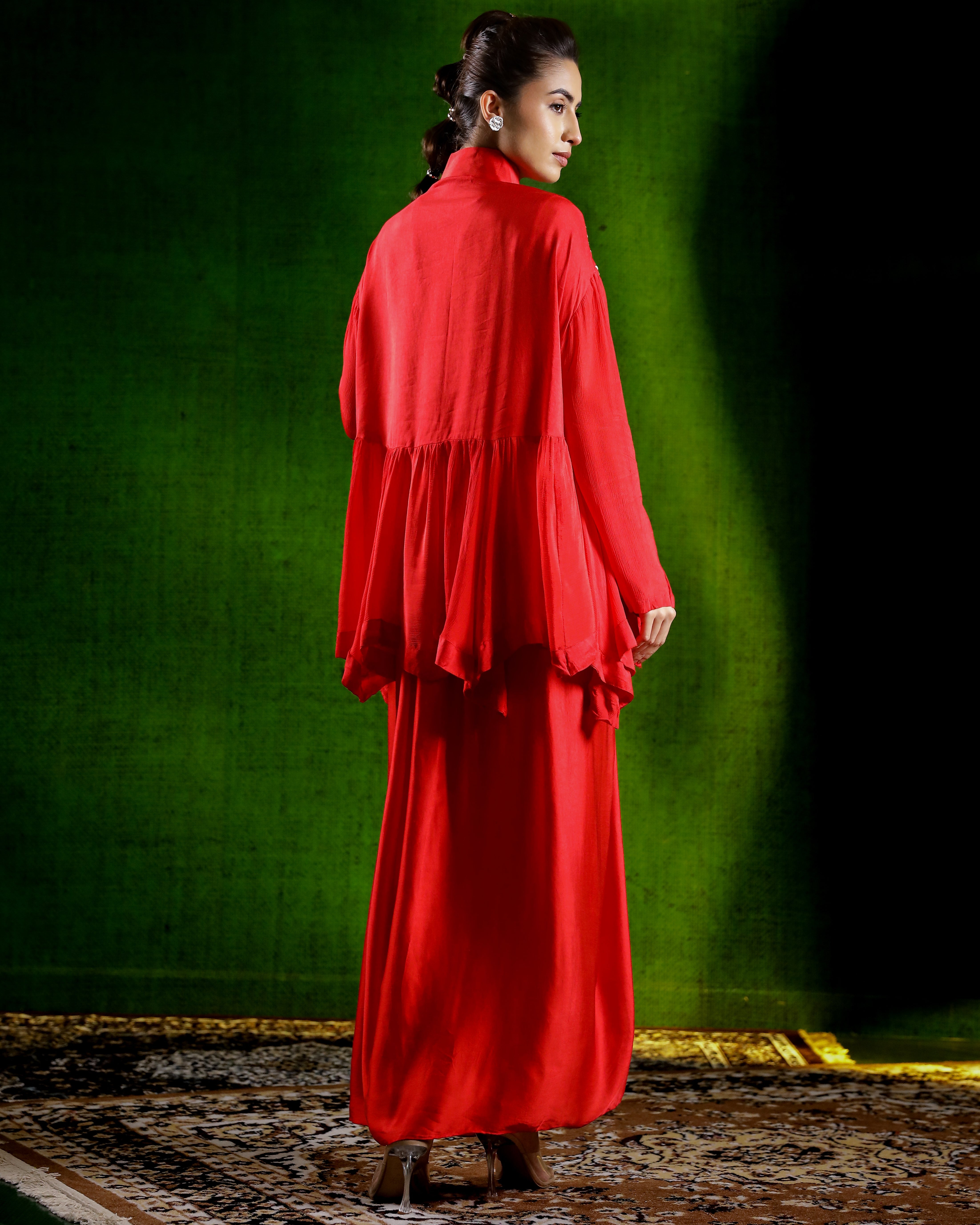 Cherry Red Embroidered Chinon Silk Kurta Set