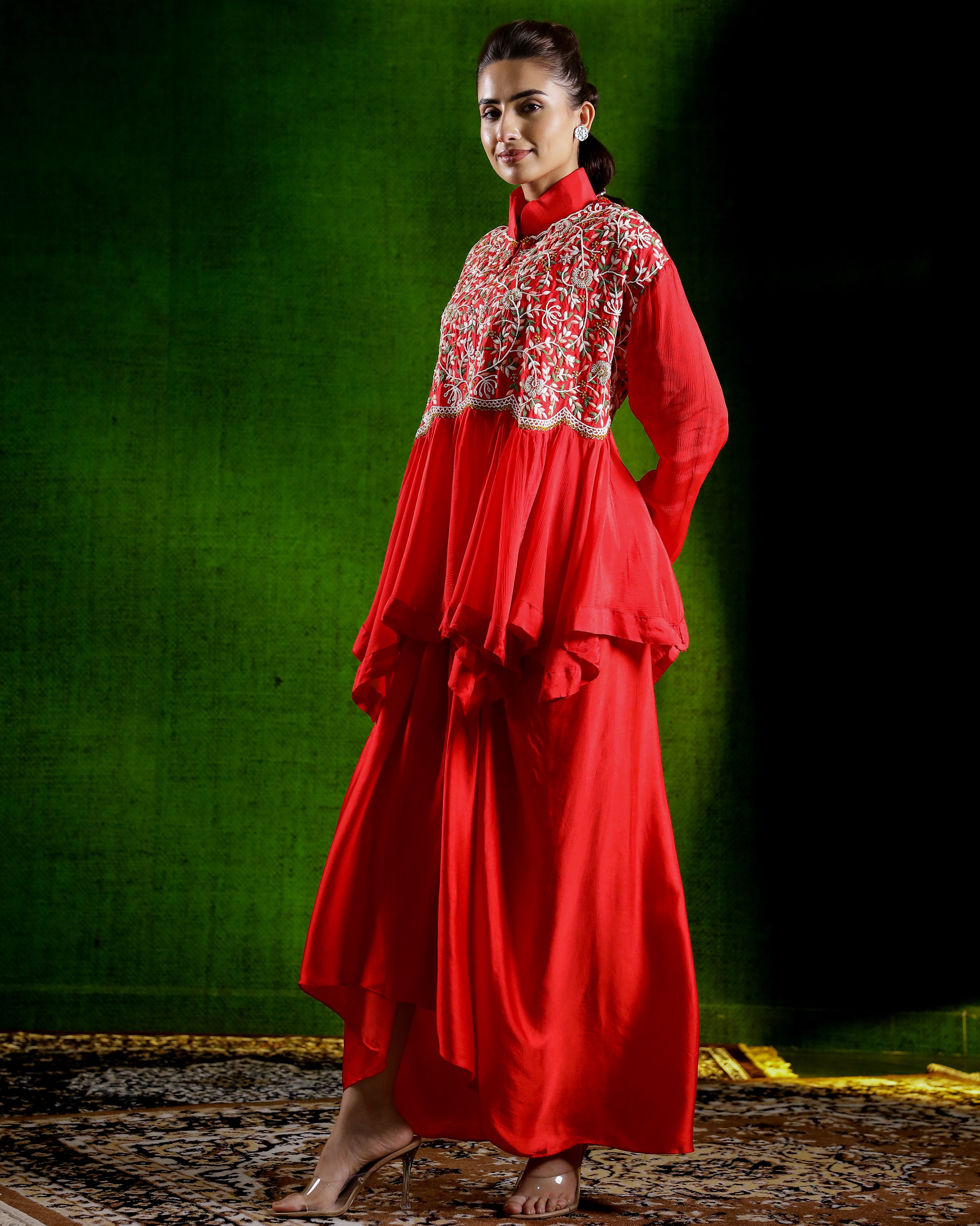 Cherry Red Embroidered Chinon Silk Kurta Set