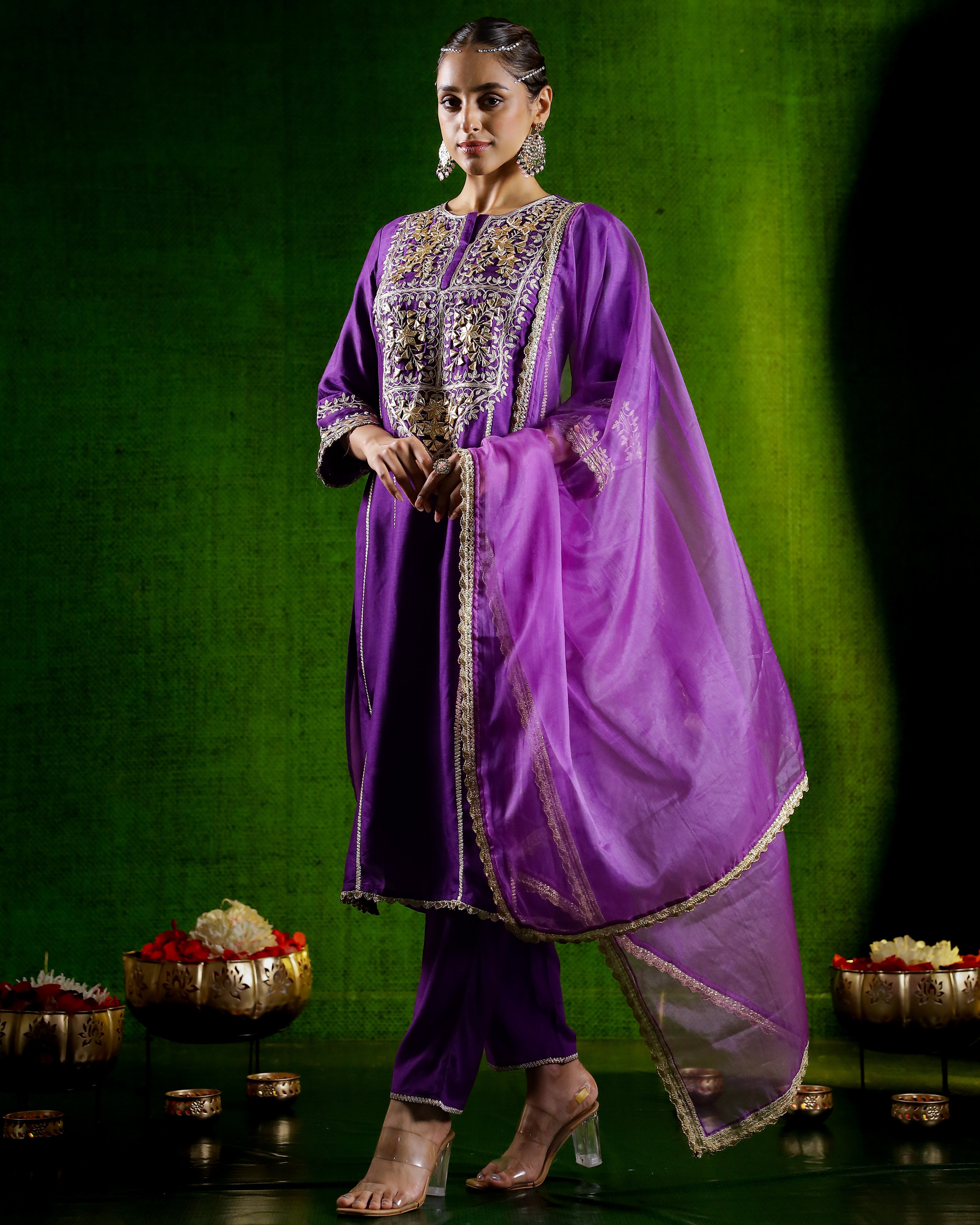 Purple Embroidered German Silk Pants Set