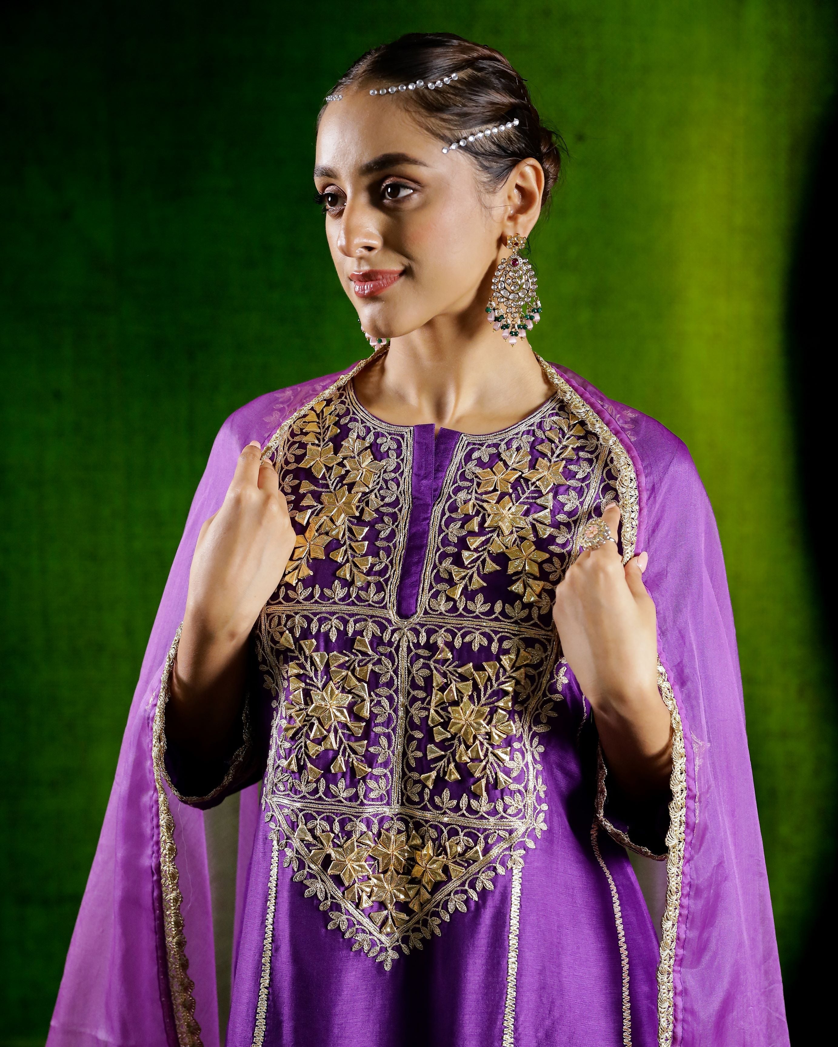 Purple Embroidered German Silk Pants Set