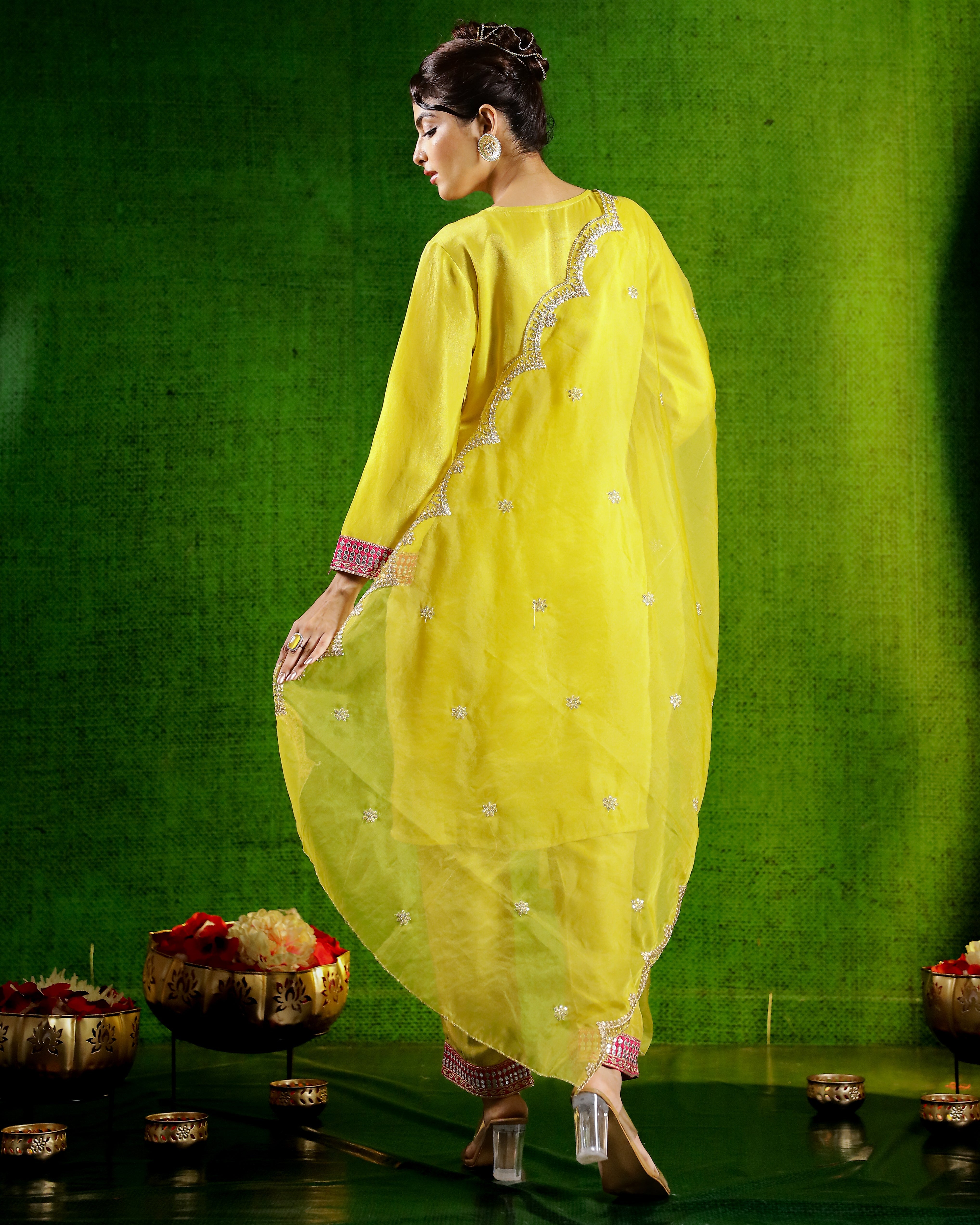 Green Embroidered German Silk Pants Set