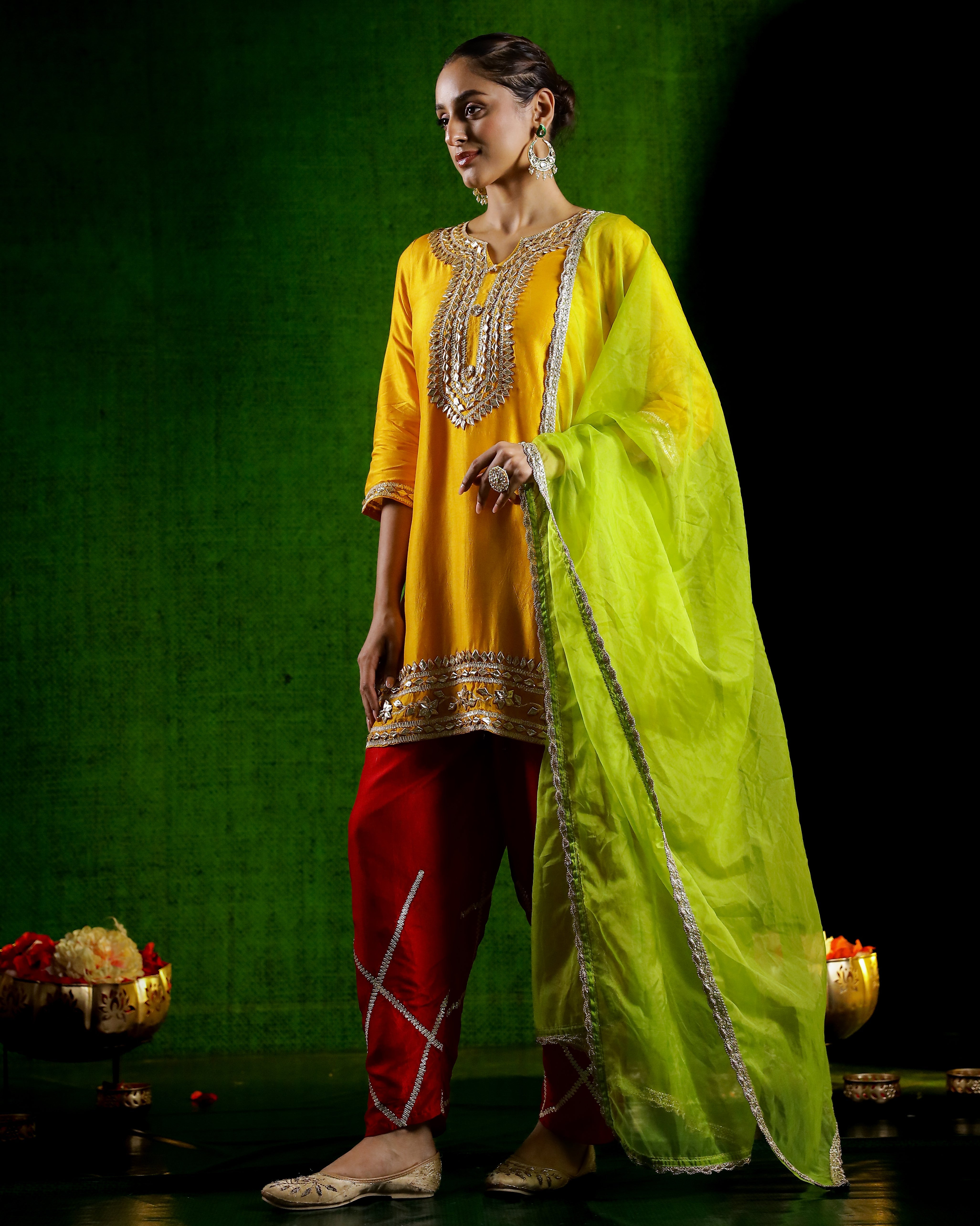 Festive Yellow Embellished Raw Silk Salwar Set