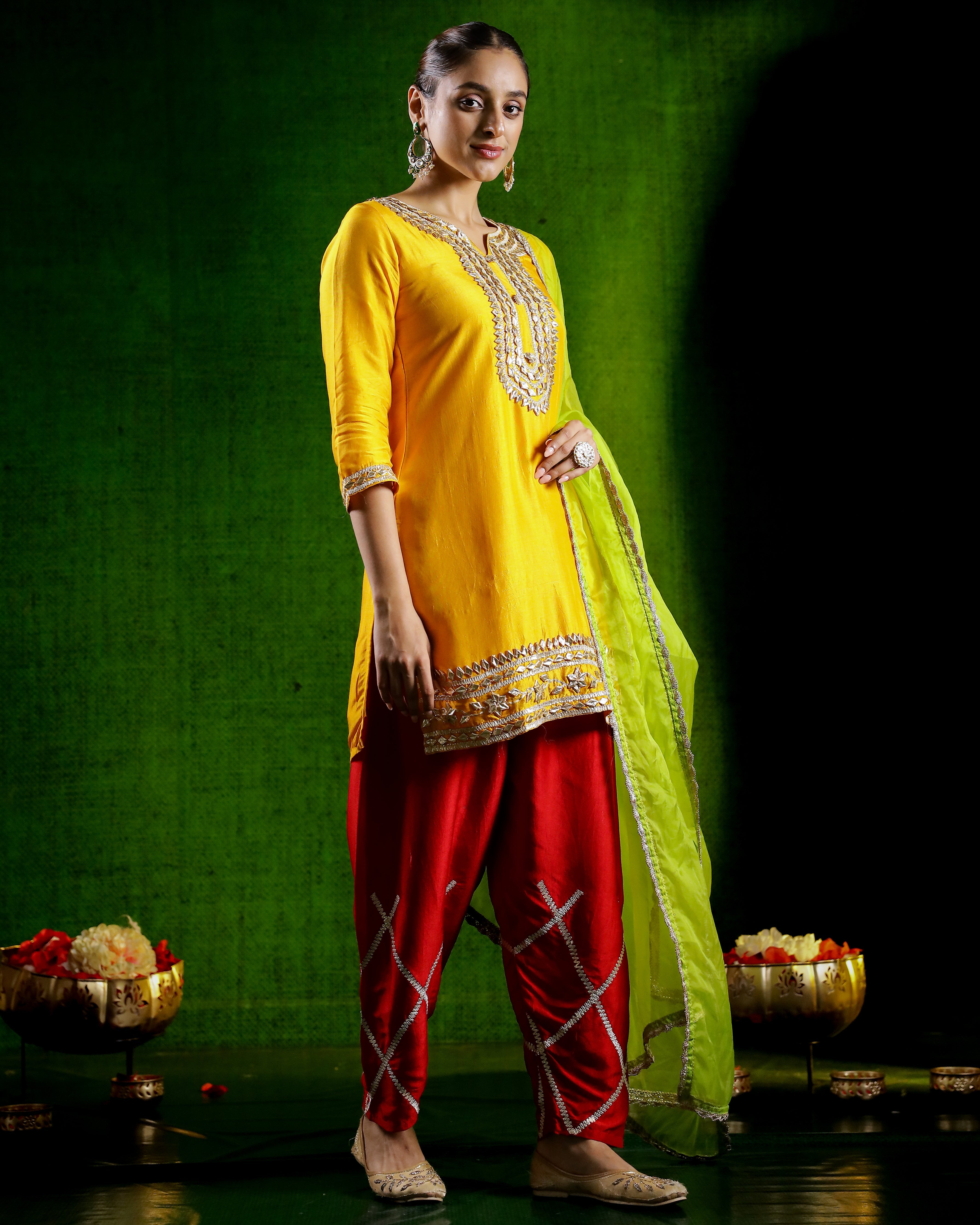 Festive Yellow Embellished Raw Silk Salwar Set