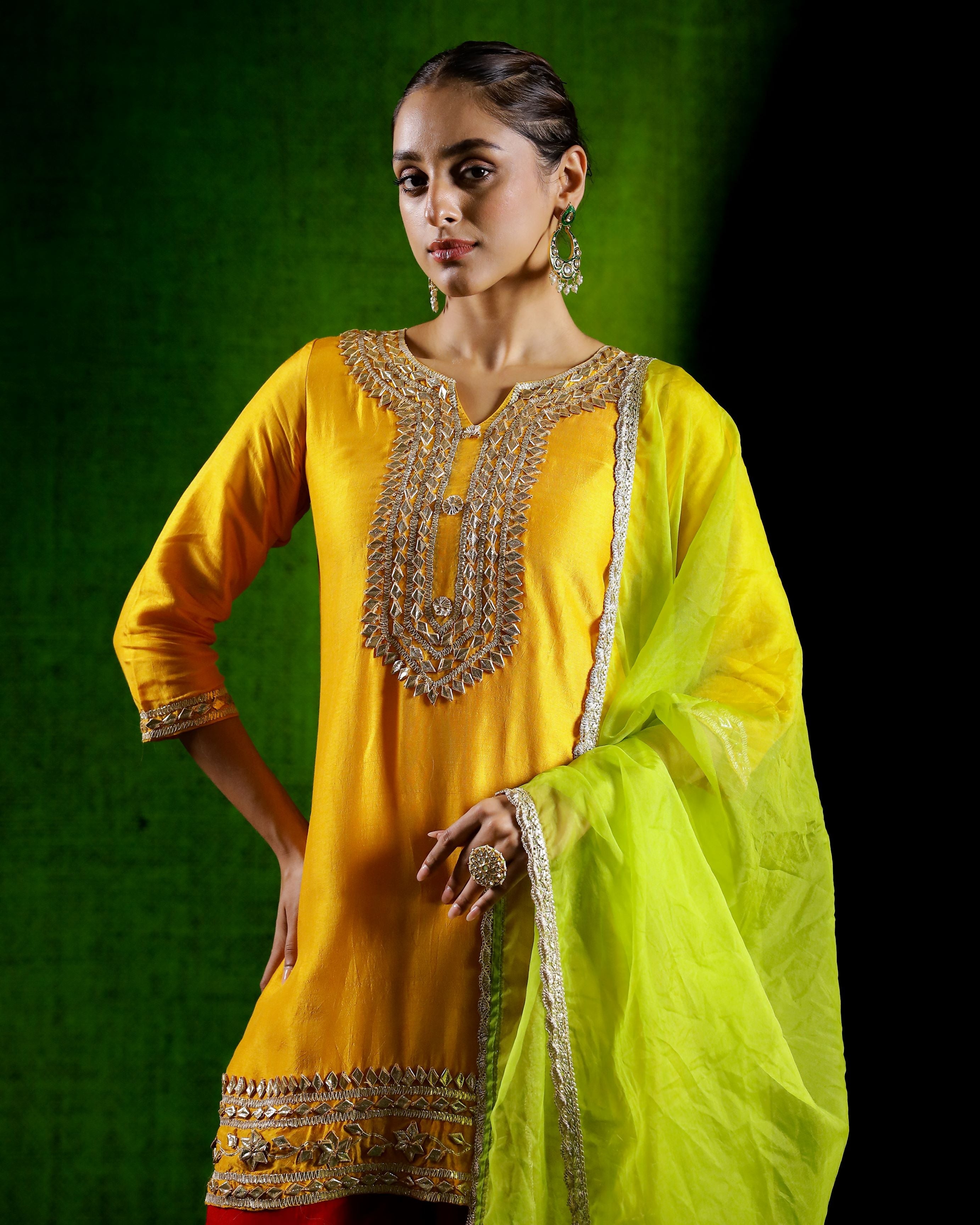 Festive Yellow Embellished Raw Silk Salwar Set