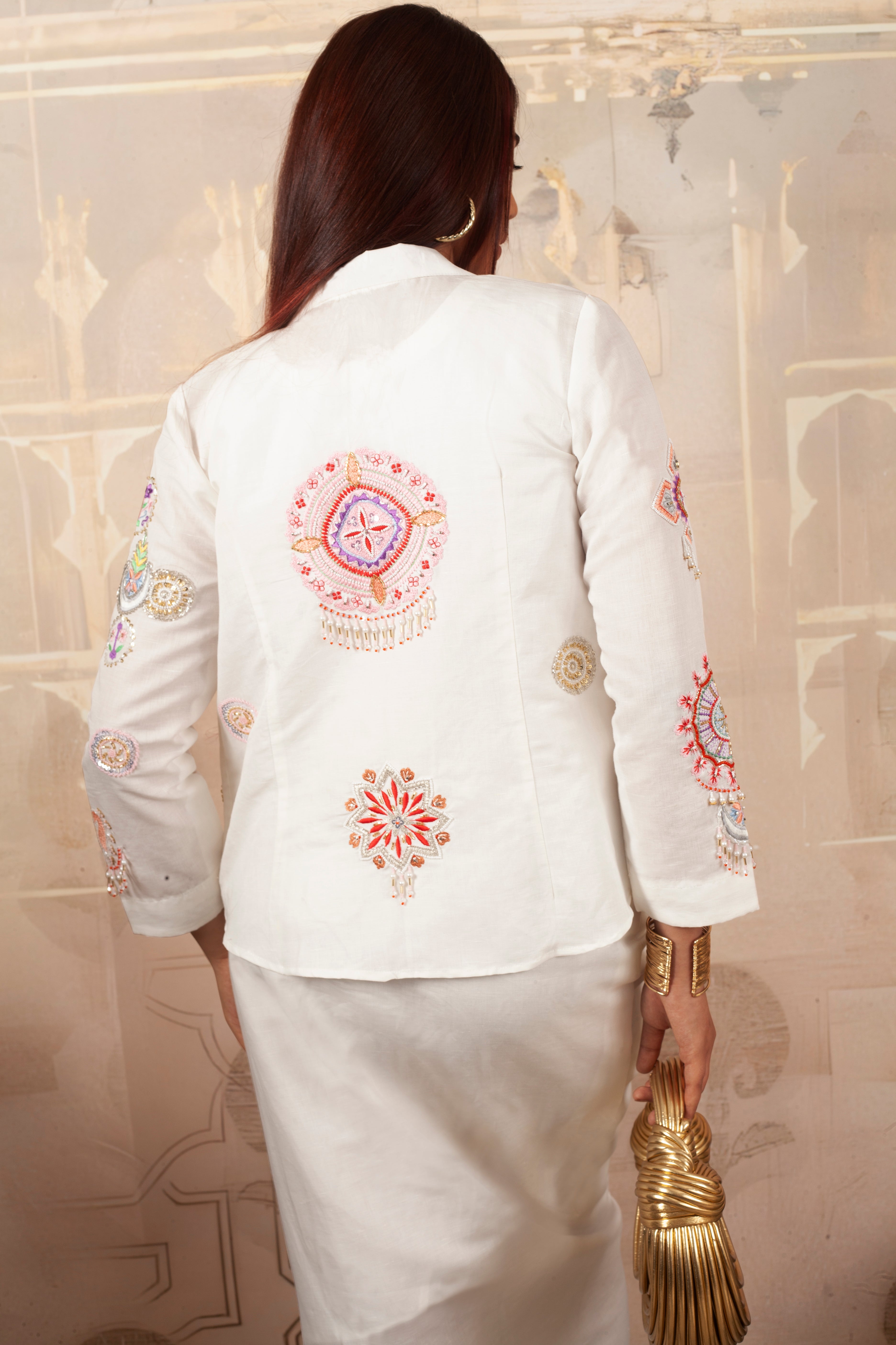 Graceful White Embellished Linen Dress