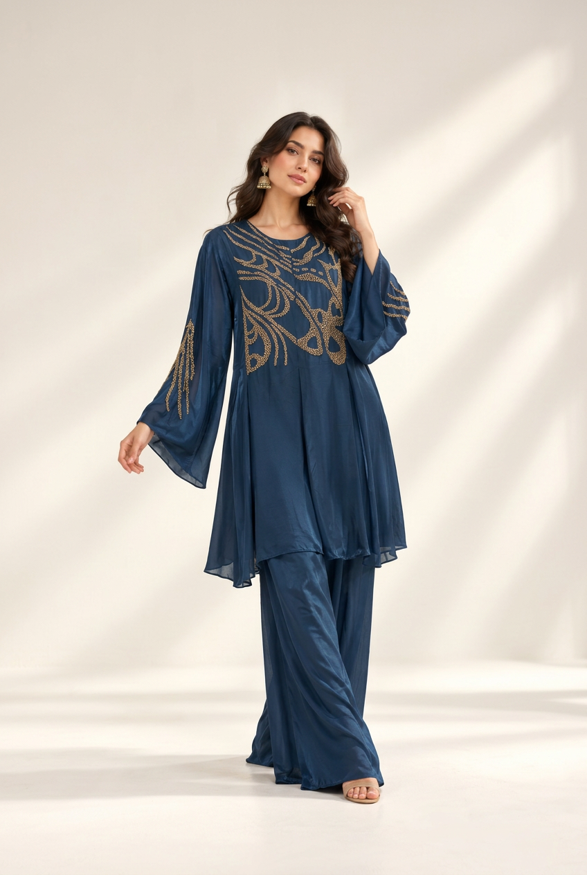 Navy Blue Beaded Crepe Silk Co-ord Set