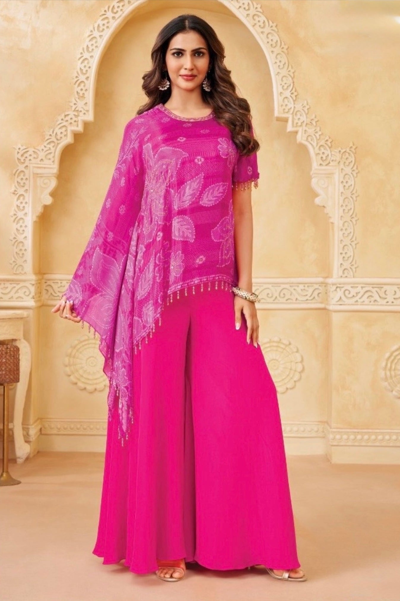 Fuchsia Petal Printed Organza Silk Palazzo Set