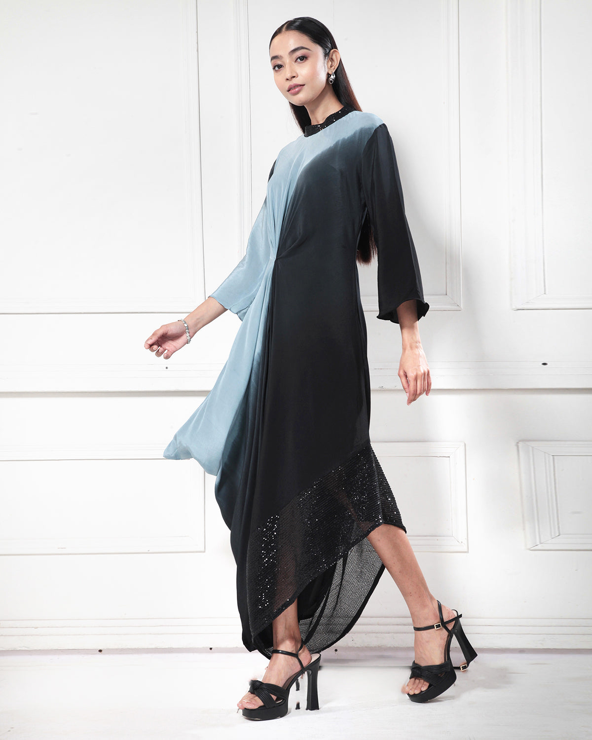 Blue Orion Ombre-Dyed Asymmetrical Cowl Dress