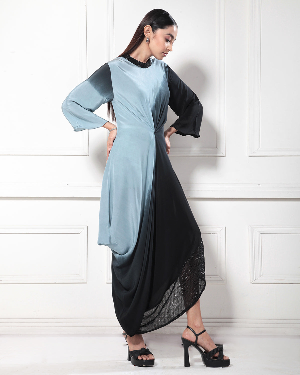 Blue Orion Ombre-Dyed Asymmetrical Cowl Dress