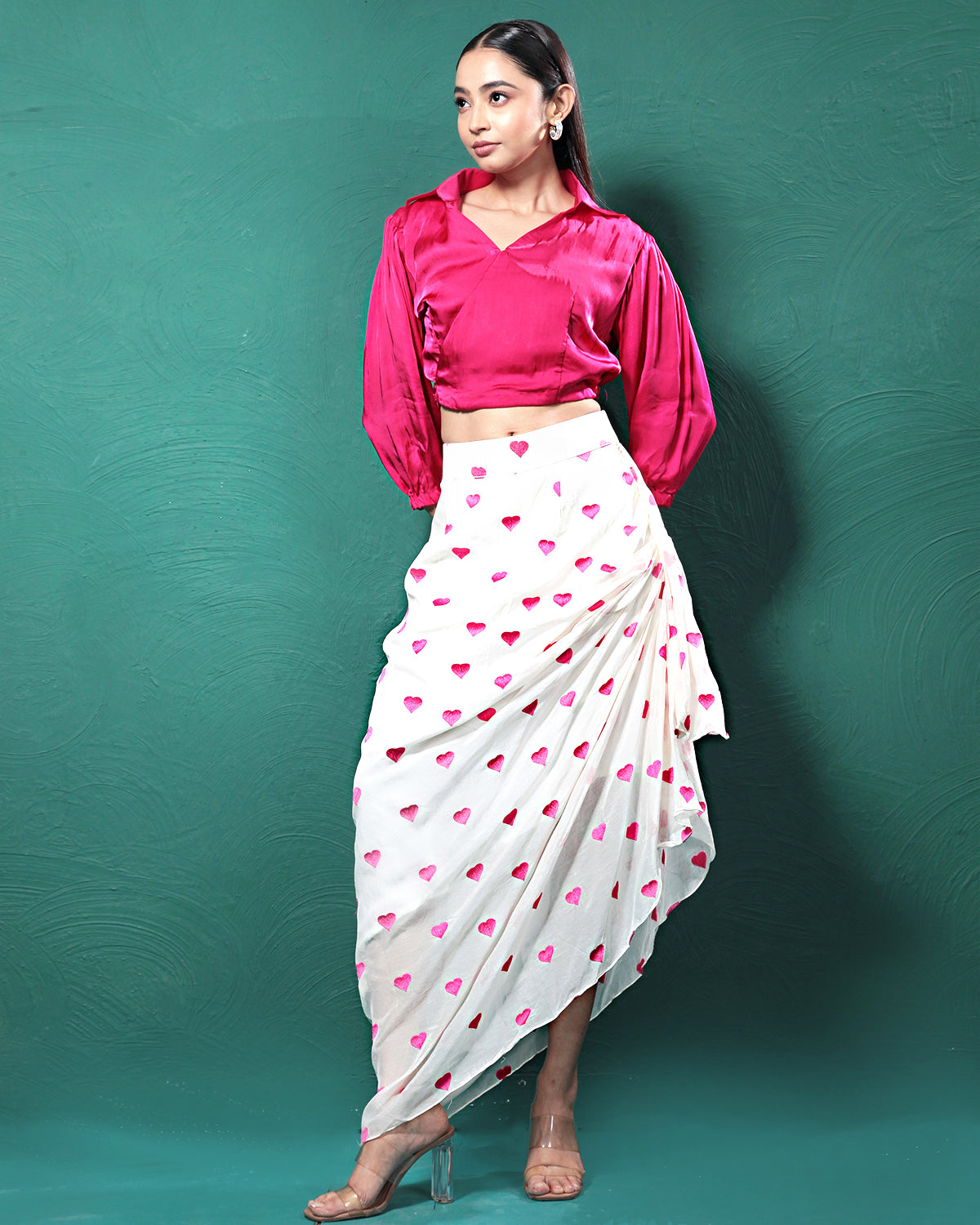 Gentle Pink Pure Hearts Printed Crop Top & Skirt